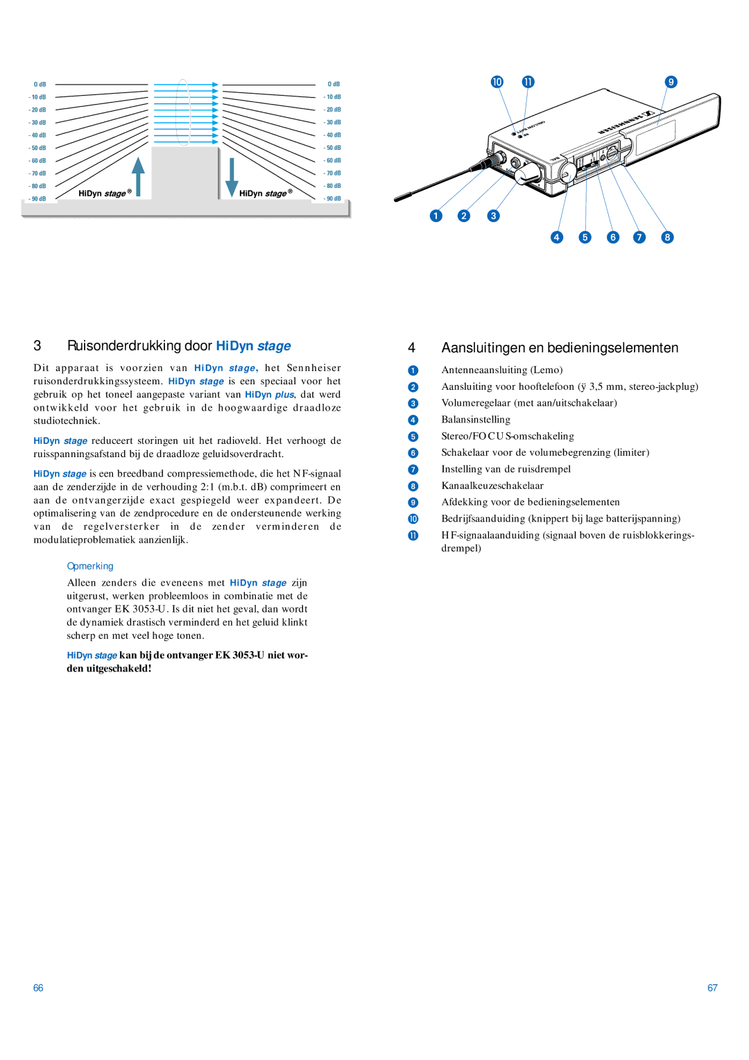 Sennheiser EK 3053-U manual Ruisonderdrukking door HiDyn stage, Aansluitingen en bedieningselementen, Opmerking 