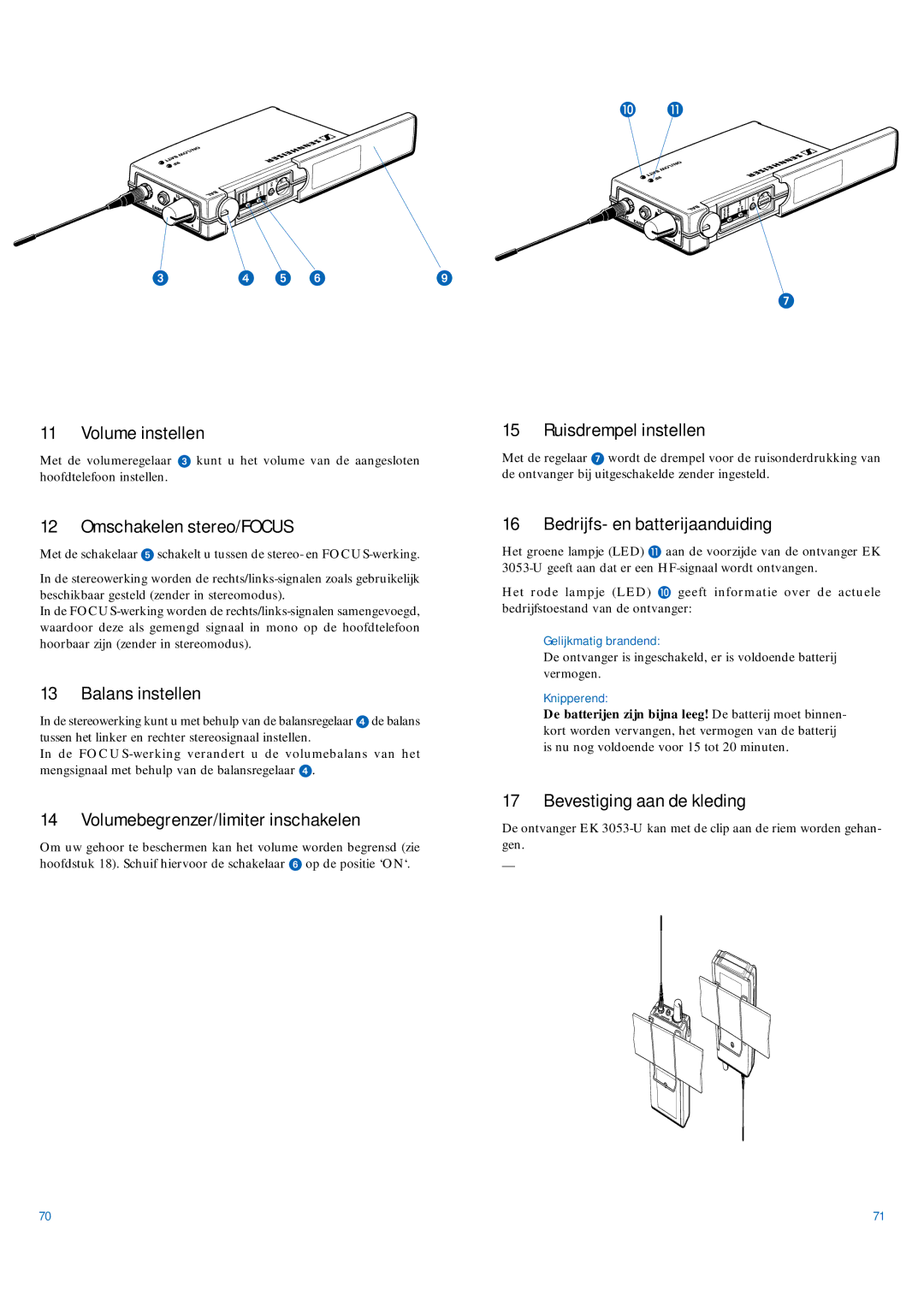 Sennheiser EK 3053-U Volume instellen, Omschakelen stereo/FOCUS, Balans instellen, Volumebegrenzer/limiter inschakelen 