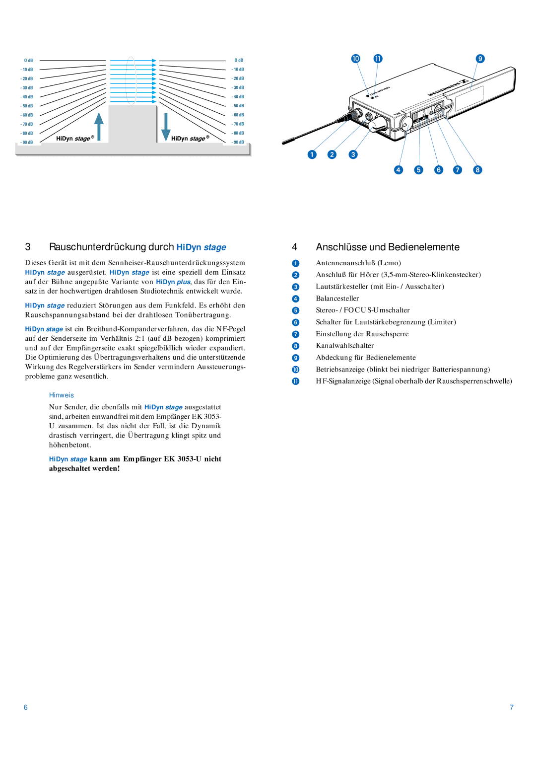 Sennheiser EK 3053-U manual Rauschunterdrückung durch HiDyn stage, Hinweis 