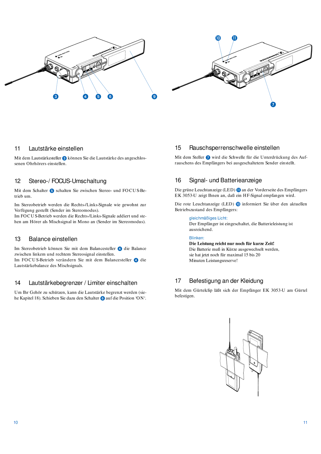 Sennheiser EK 3053-U Lautstärke einstellen, Stereo-/ FOCUS-Umschaltung, Balance einstellen, Signal- und Batterieanzeige 