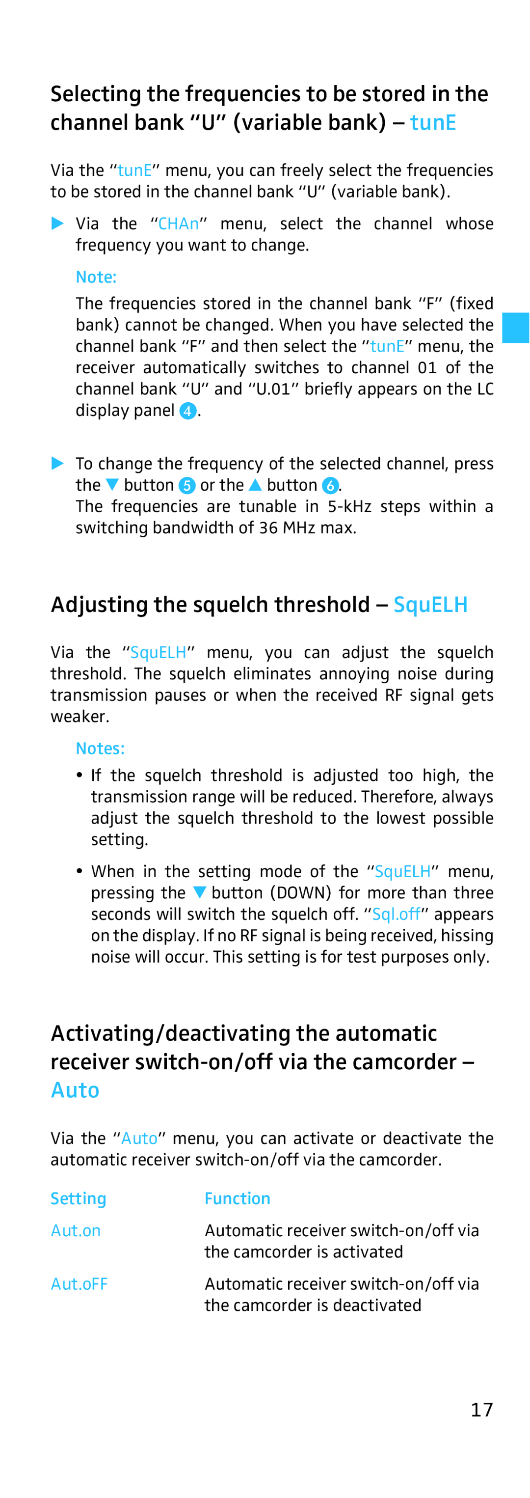 Sennheiser EK 3241 manual Adjusting the squelch threshold SquELH, Setting Function Aut.on, Aut.oFF 