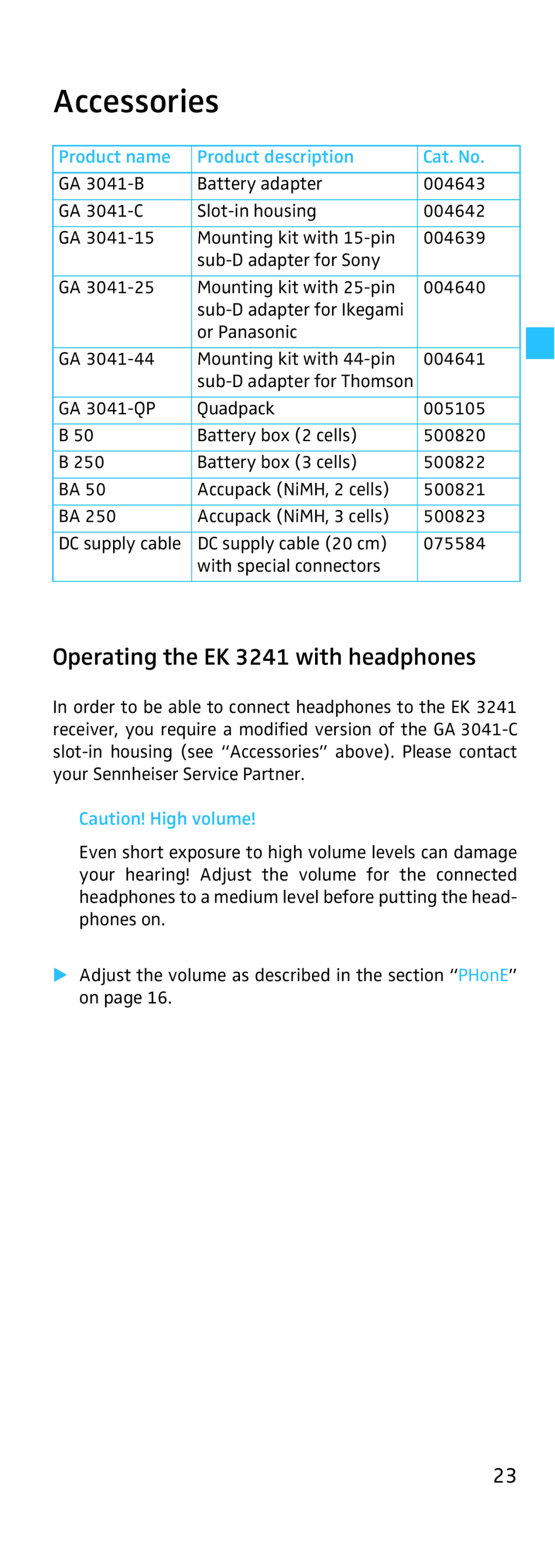 Sennheiser manual Accessories, Operating the EK 3241 with headphones, Product name Product description Cat. No 