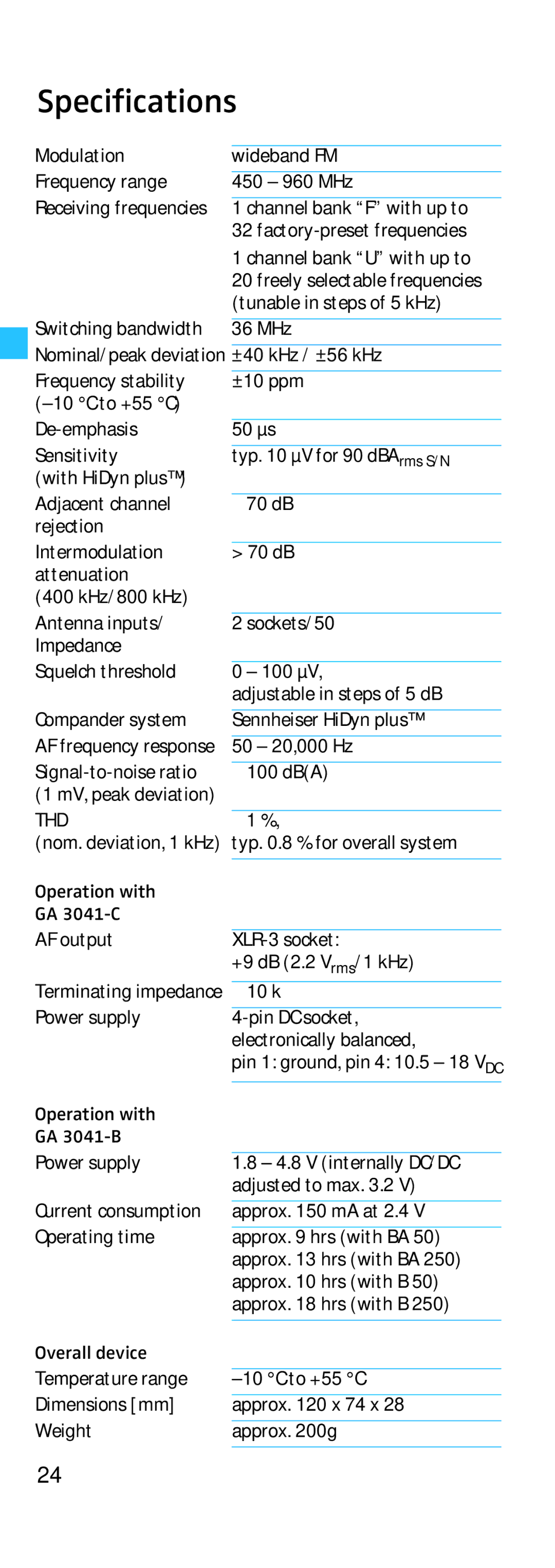 Sennheiser EK 3241 manual Specifications, Thd 