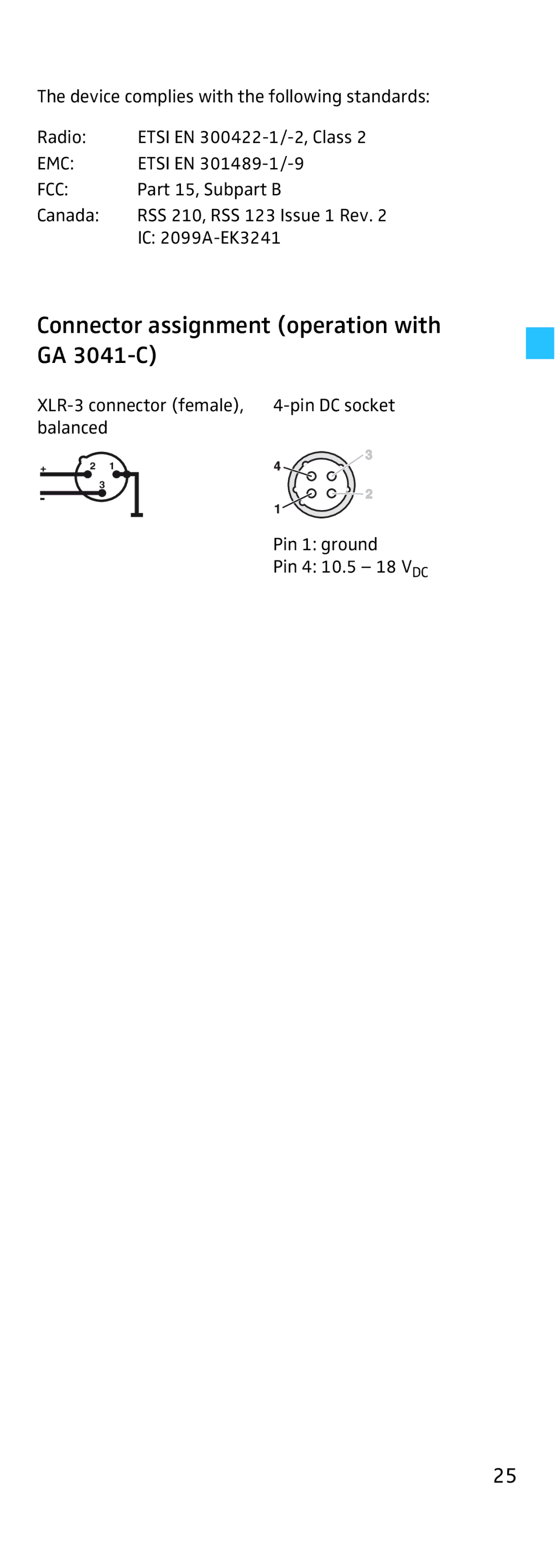 Sennheiser EK 3241 manual Connector assignment operation with GA 3041-C 