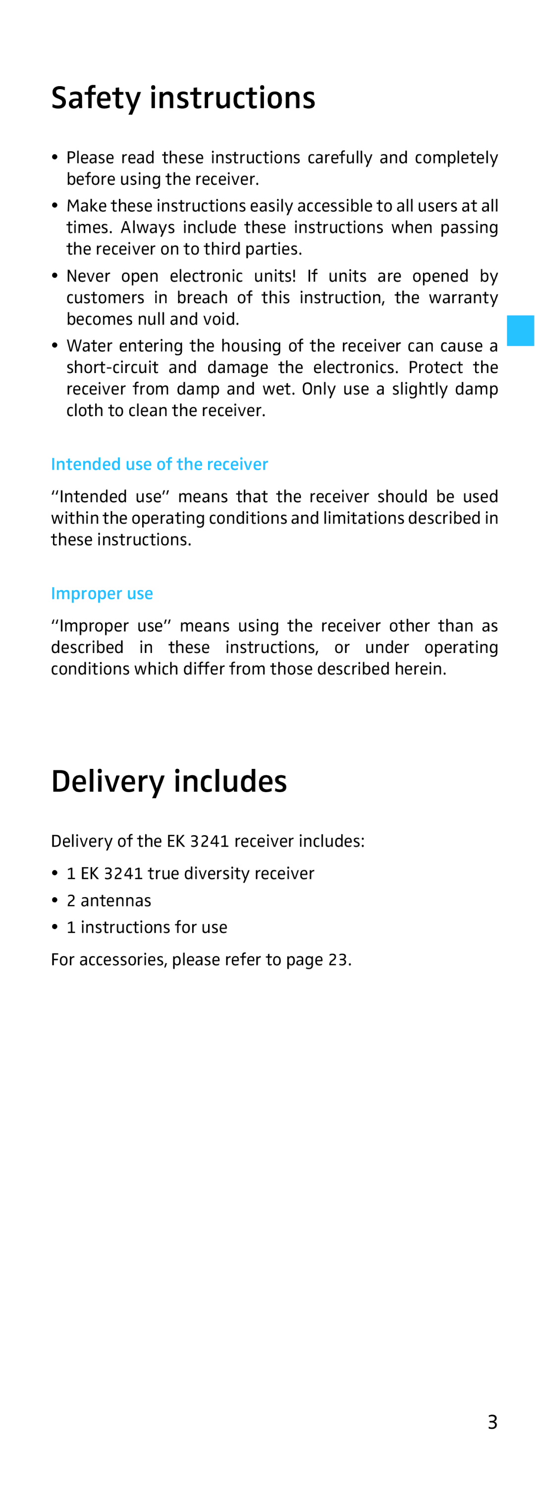 Sennheiser EK 3241 manual Safety instructions, Delivery includes, Intended use of the receiver, Improper use 