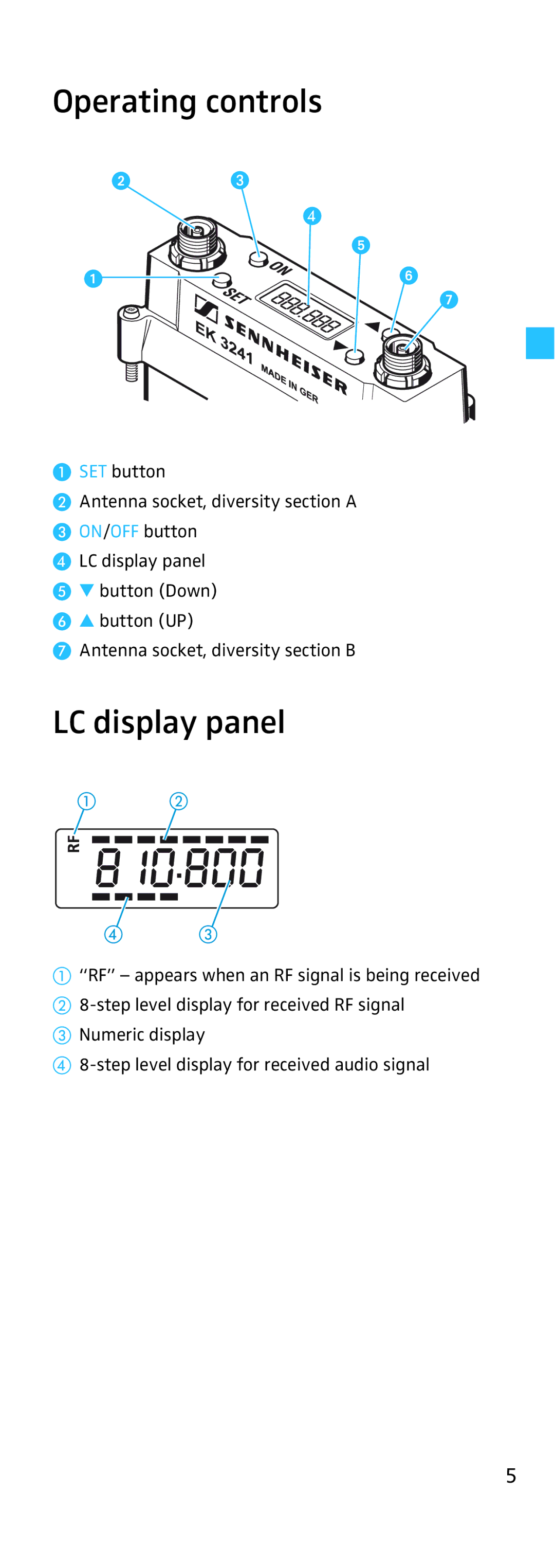 Sennheiser EK 3241 manual Operating controls, LC display panel 