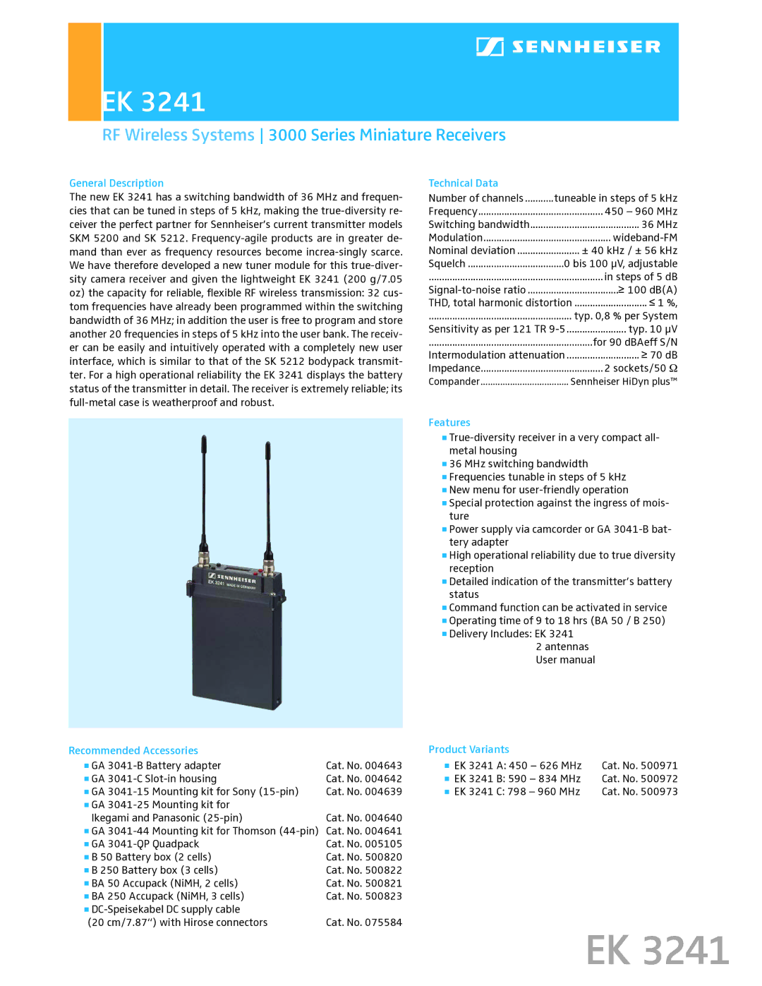 Sennheiser EK 3241 user manual RF Wireless Systems 3000 Series Miniature Receivers 