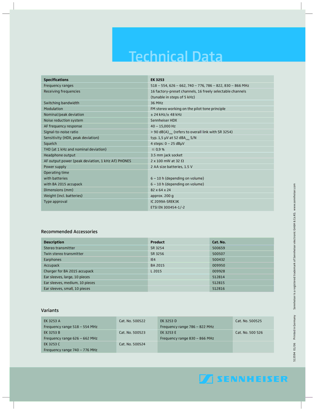 Sennheiser EK 3253 manual Technical Data, Recommended Accessories, Variants, Speciﬁcations, Description Product Cat. No 