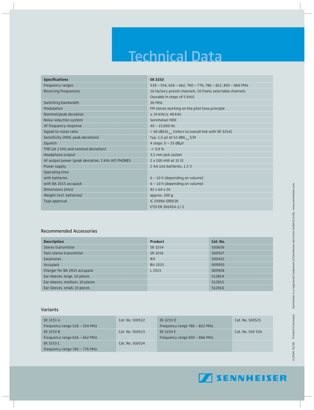 Sennheiser EK 3253 manual Technical Data, Speciﬁcations, Description, Product, Cat. No 