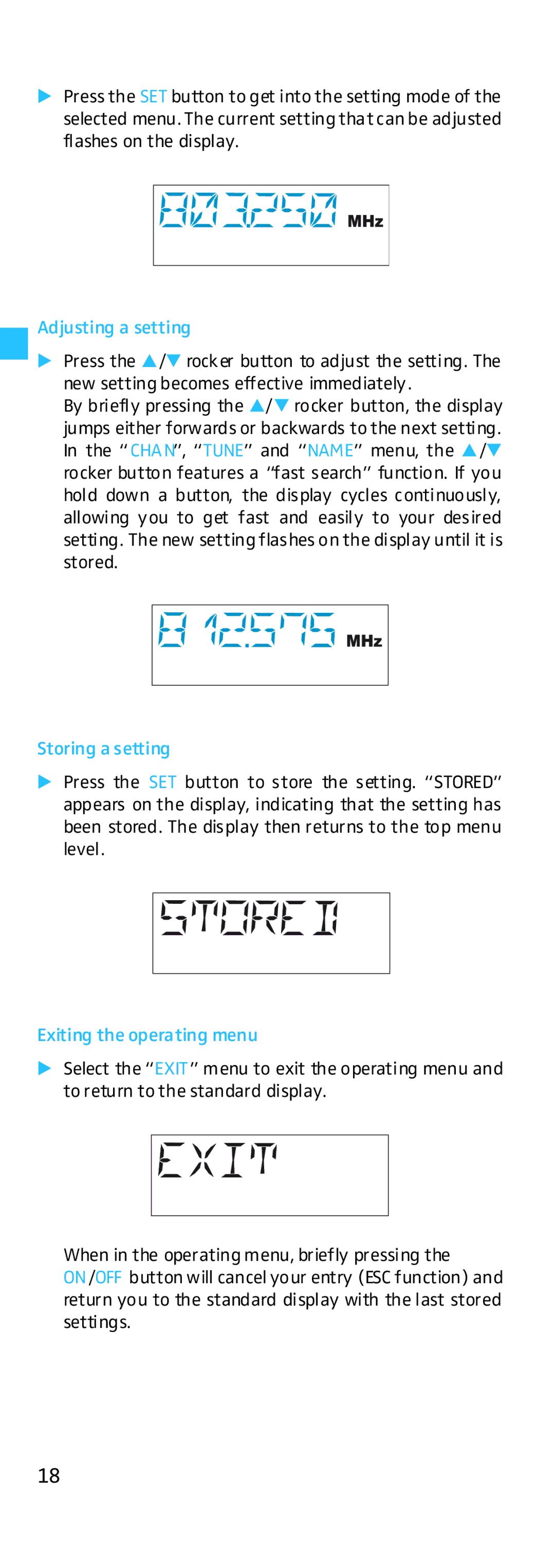 Sennheiser EK 500 G2 manual Adjusting a setting, Storing a setting, Exiting the operating menu 