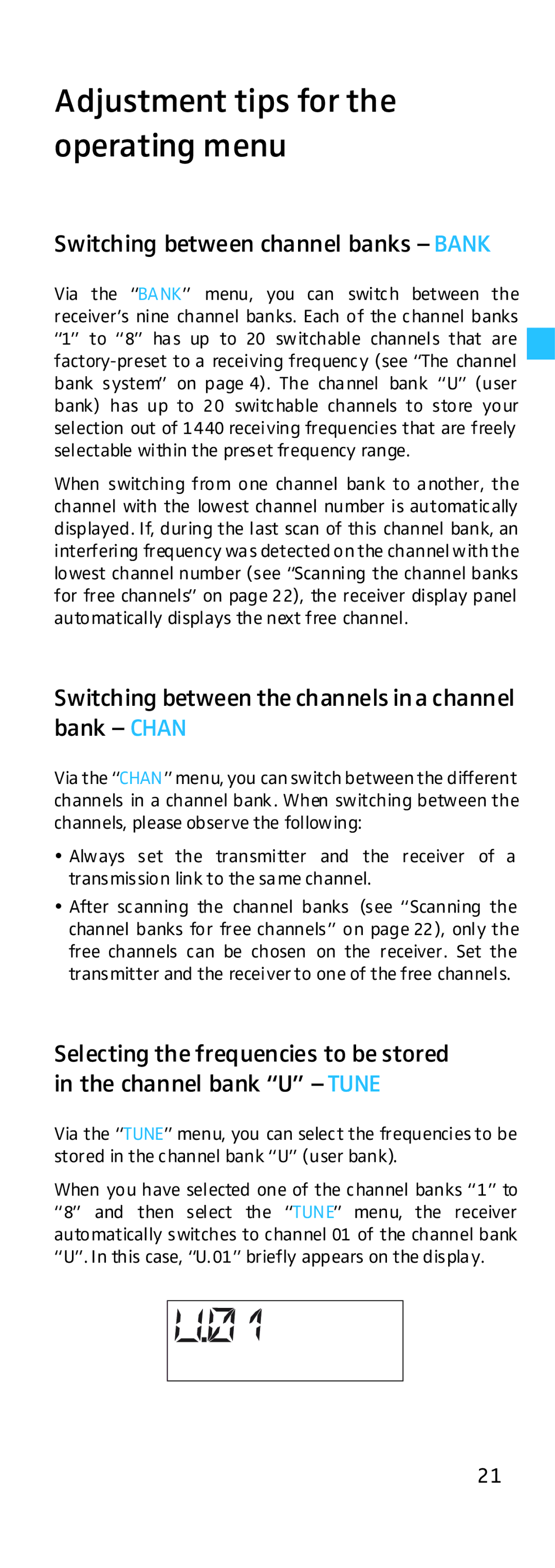 Sennheiser EK 500 G2 manual Adjustment tips for the operating menu, Switching between channel banks Bank 