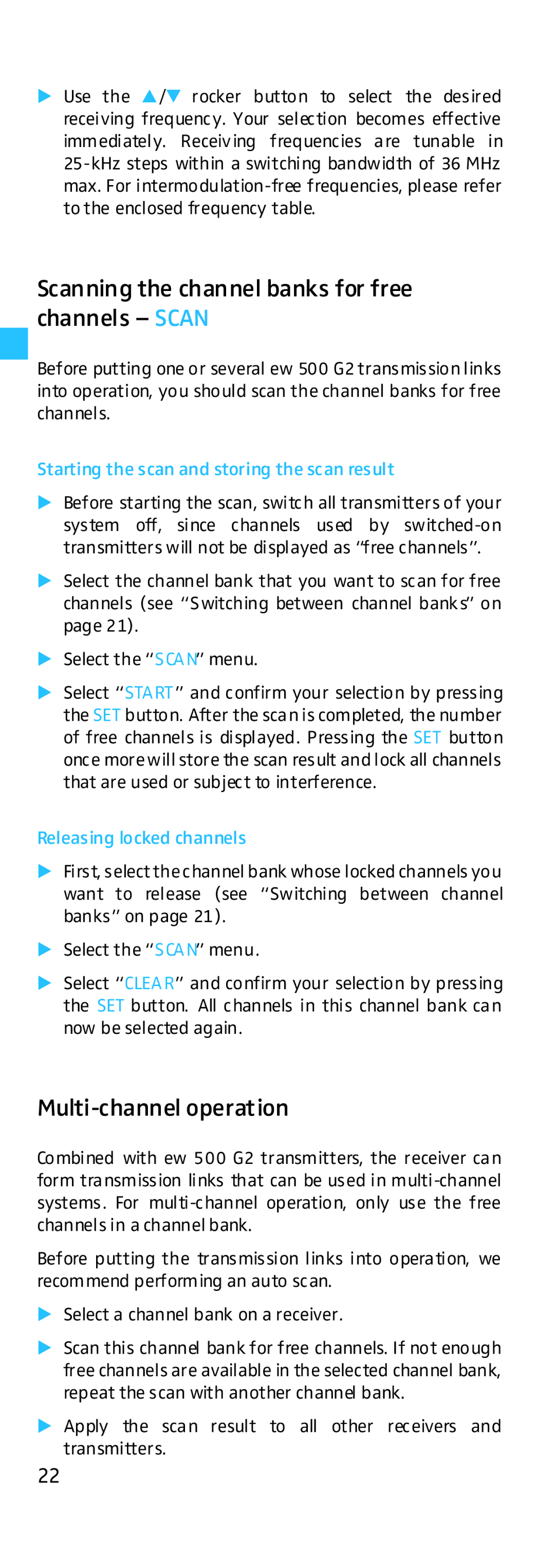 Sennheiser EK 500 G2 Scanning the channel banks for free channels Scan, Multi-channel operation, Releasing locked channels 