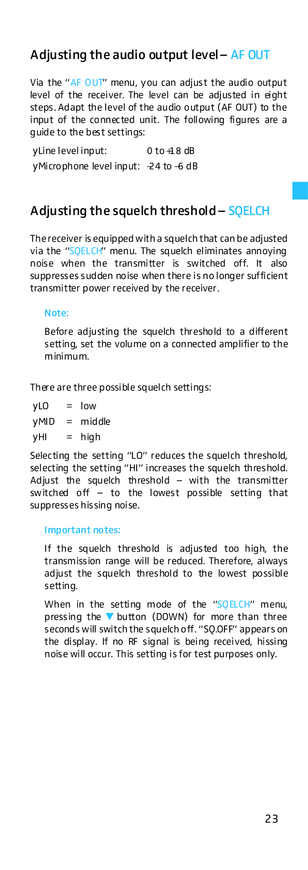 Sennheiser EK 500 G2 Adjusting the audio output level- AF OUT, Adjusting the squelch threshold- Sqelch, Important notes 