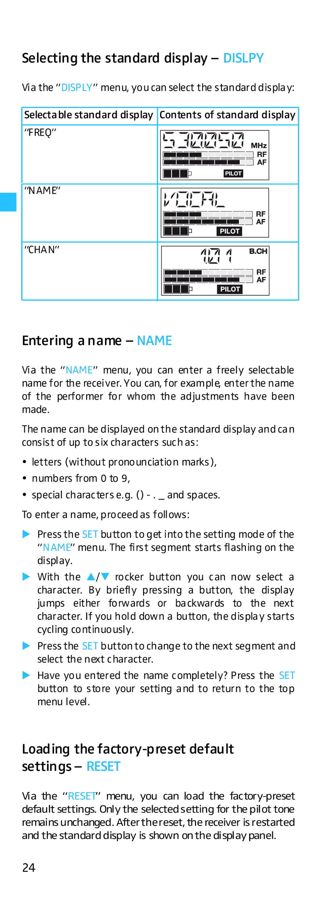 Sennheiser EK 500 G2 manual Selecting the standard display Dislpy, Entering a name Name 