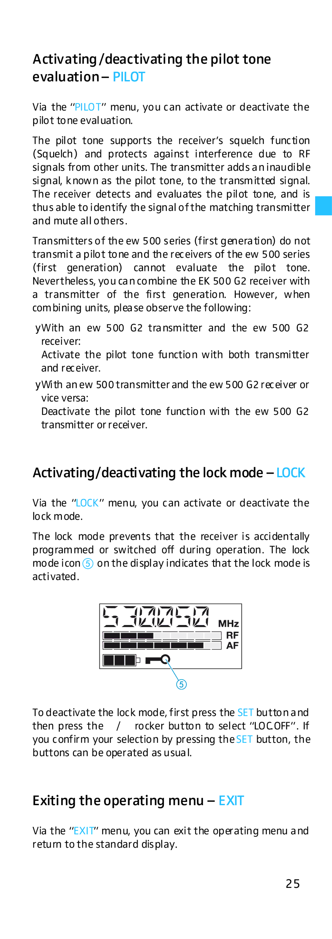 Sennheiser EK 500 G2 Activating/deactivating the pilot tone evaluation- Pilot, Activating/deactivating the lock mode Lock 