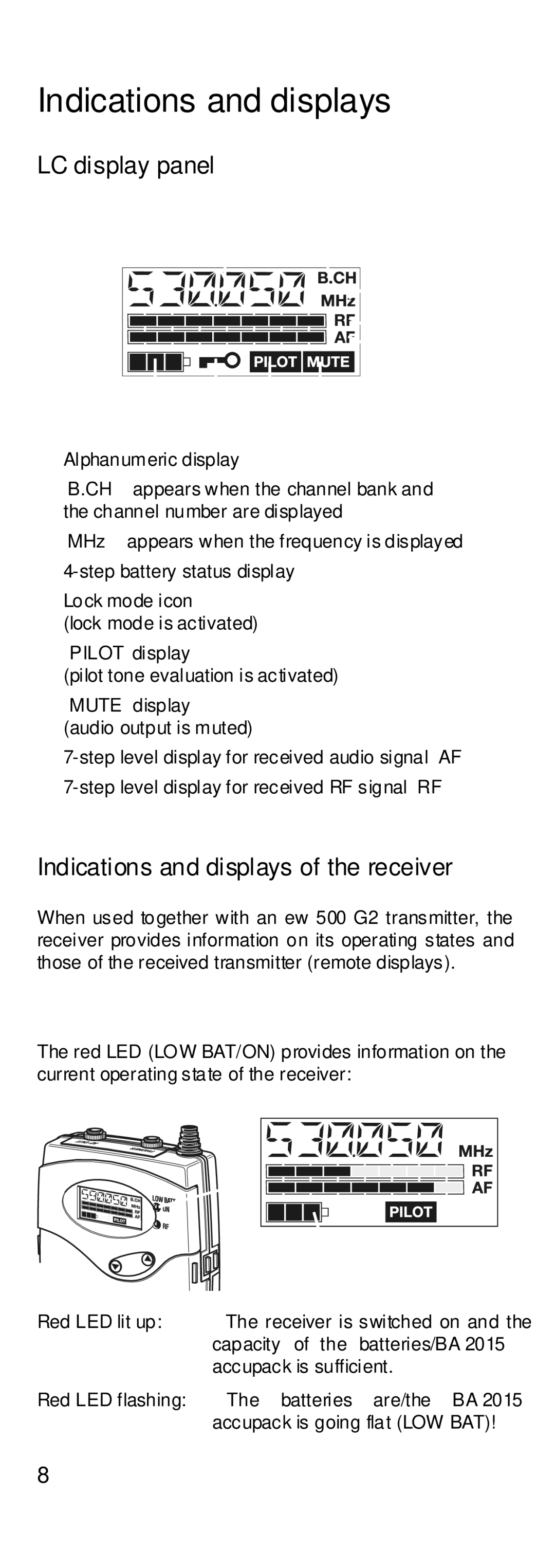 Sennheiser EK 500 G2 manual LC display panel, Indications and displays of the receiver 