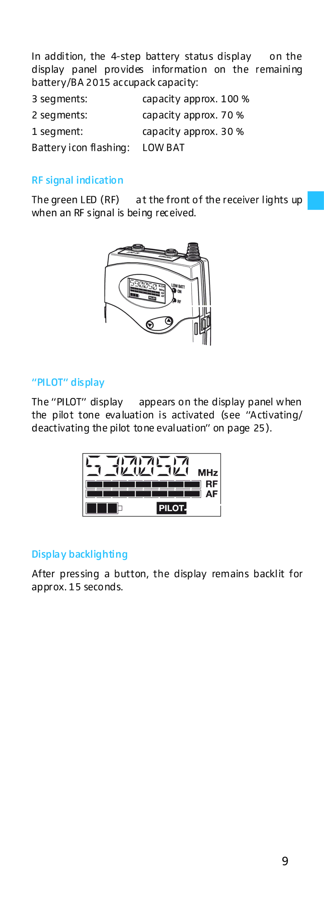 Sennheiser EK 500 G2 manual RF signal indication, Pilot display, Display backlighting 