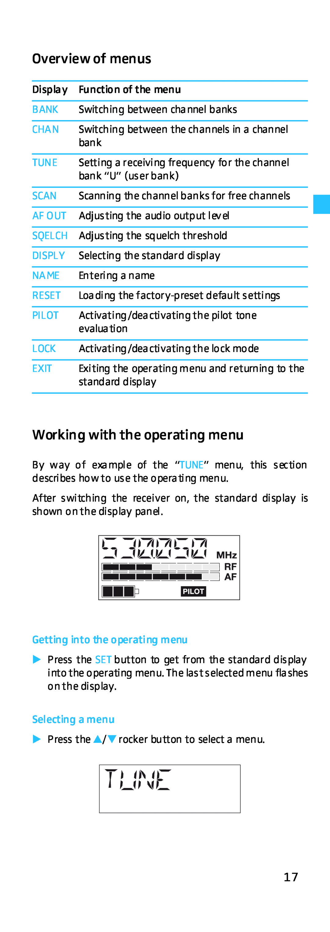 Sennheiser EK 500 G2 manual Overview of menus, Working with the operating menu 