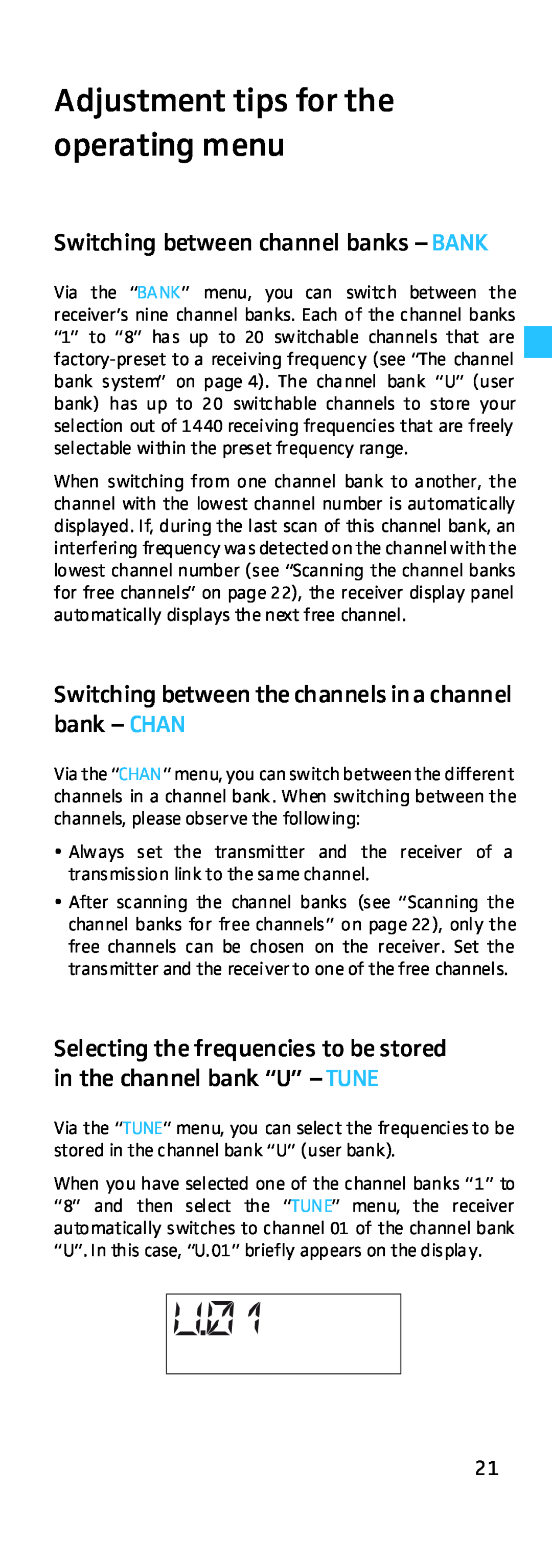 Sennheiser EK 500 G2 manual Adjustment tips for the operating menu, Switching between channel banks - BANK 