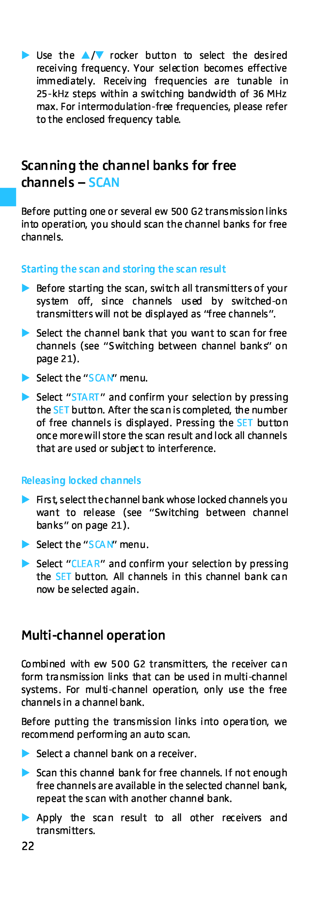 Sennheiser EK 500 G2 manual Scanning the channel banks for free channels - SCAN, Multi-channel operation 