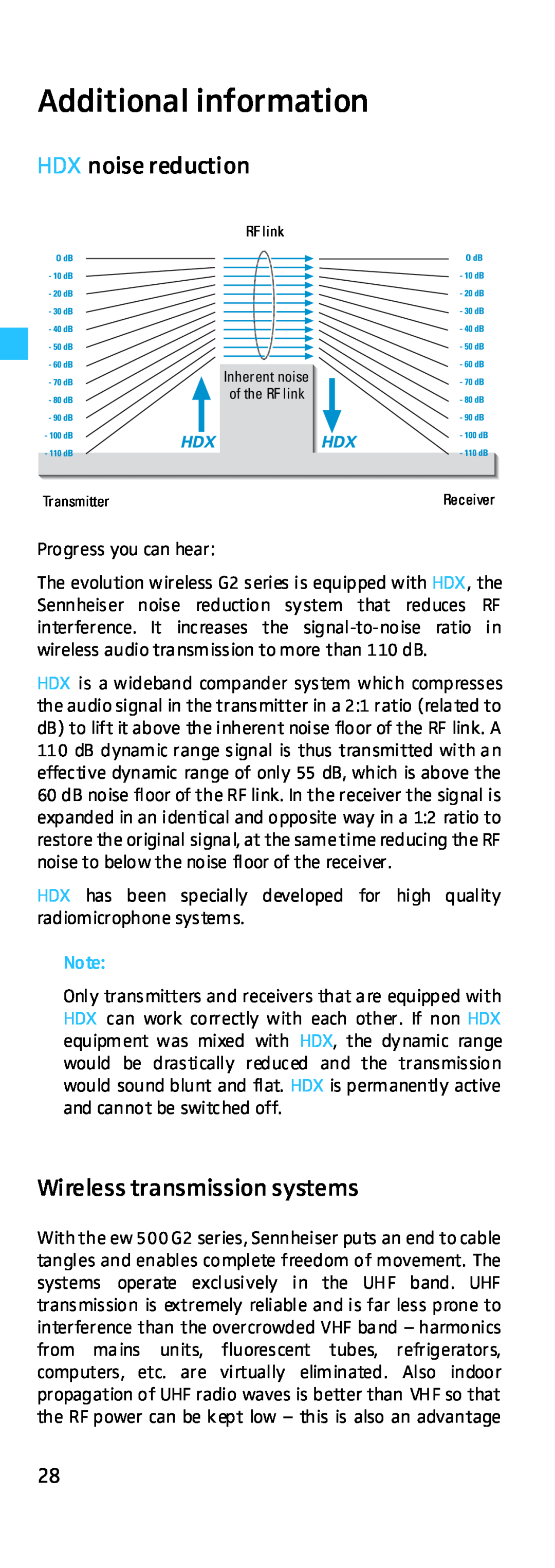 Sennheiser EK 500 G2 manual Additional information, HDX noise reduction, Wireless transmission systems 