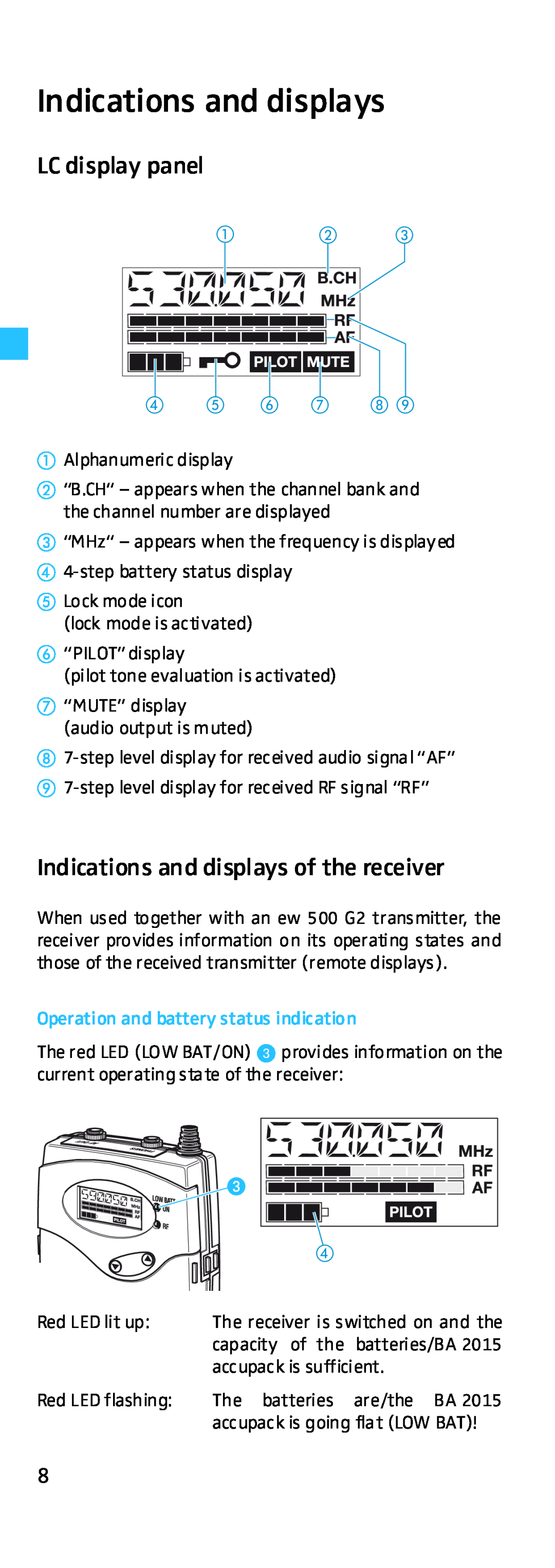 Sennheiser EK 500 G2 manual LC display panel, Indications and displays of the receiver 