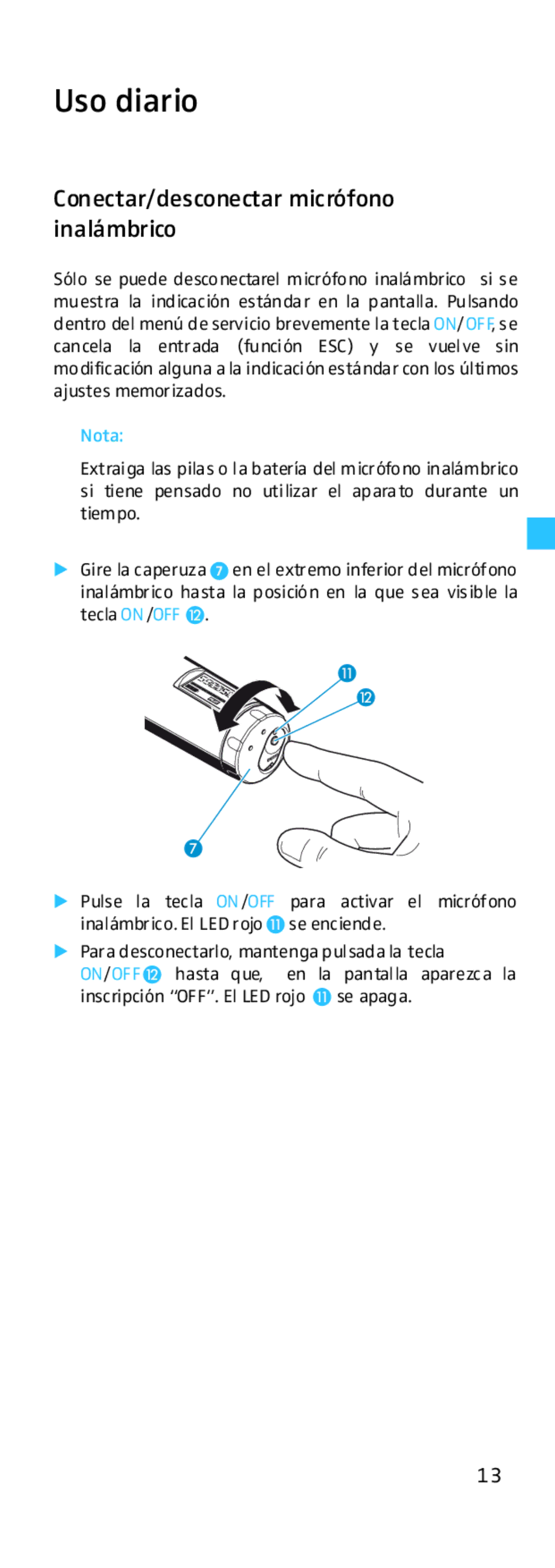 Sennheiser EK 500 manual Uso diario, Conectar/desconectar micrófono inalámbrico 