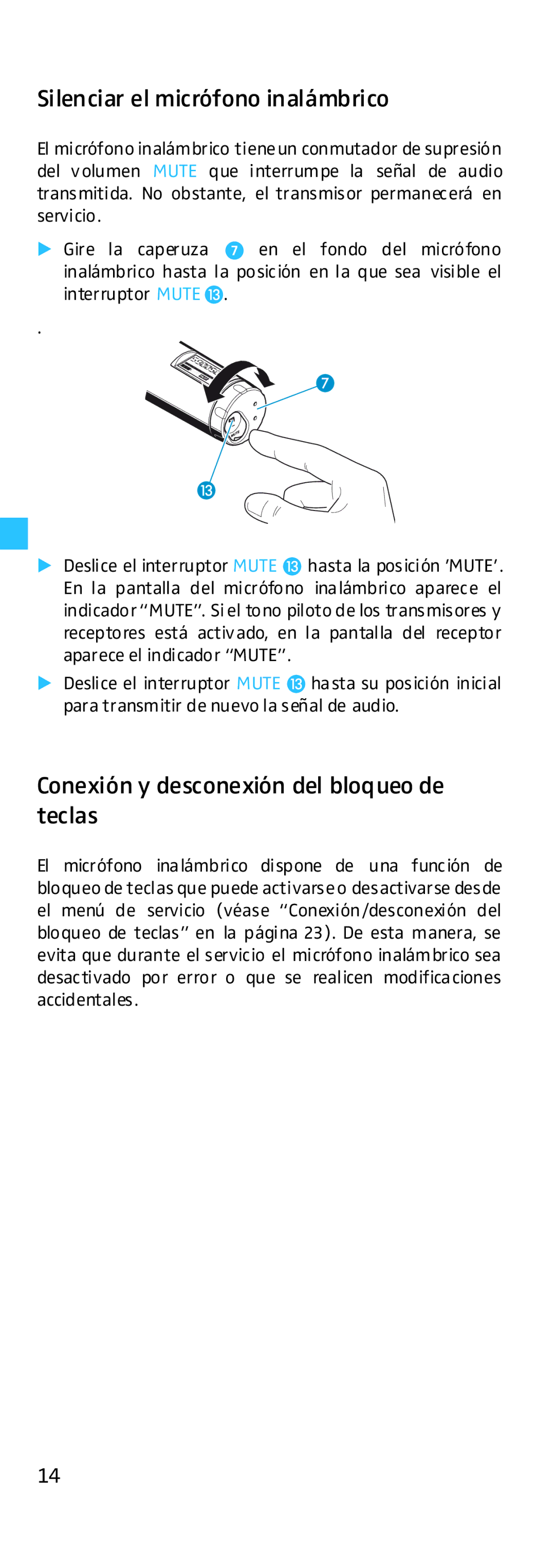 Sennheiser EK 500 manual Silenciar el micrófono inalámbrico, Conexión y desconexión del bloqueo de teclas 