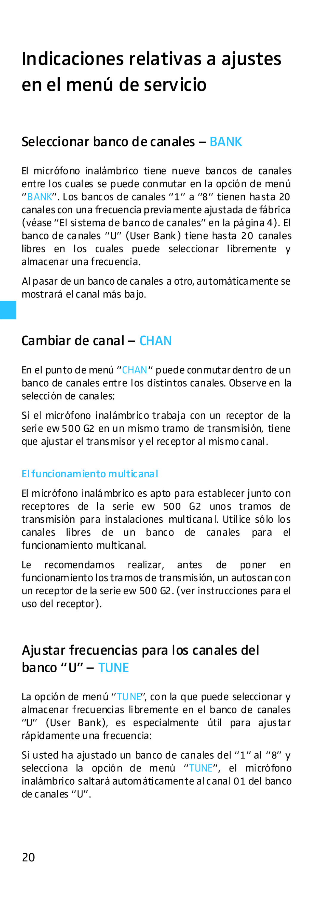 Sennheiser EK 500 manual Indicaciones relativas a ajustes en el menú de servicio, Seleccionar banco de canales Bank 