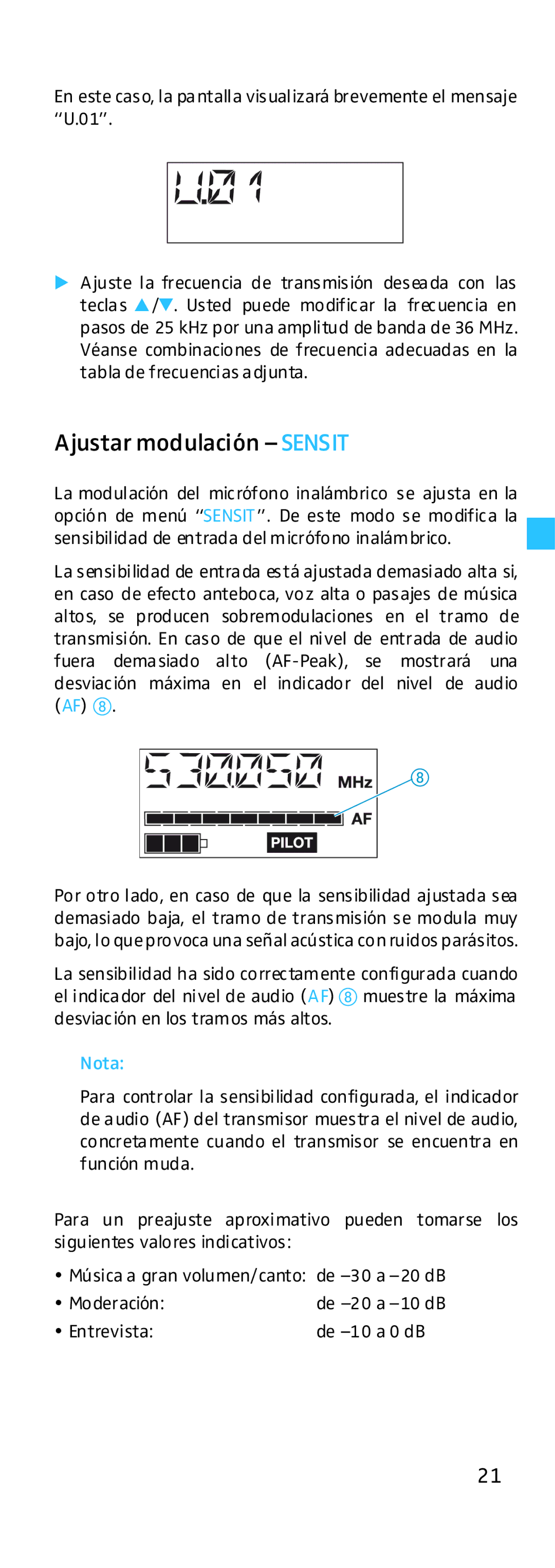 Sennheiser EK 500 manual Ajustar modulación -SENSIT, Nota 