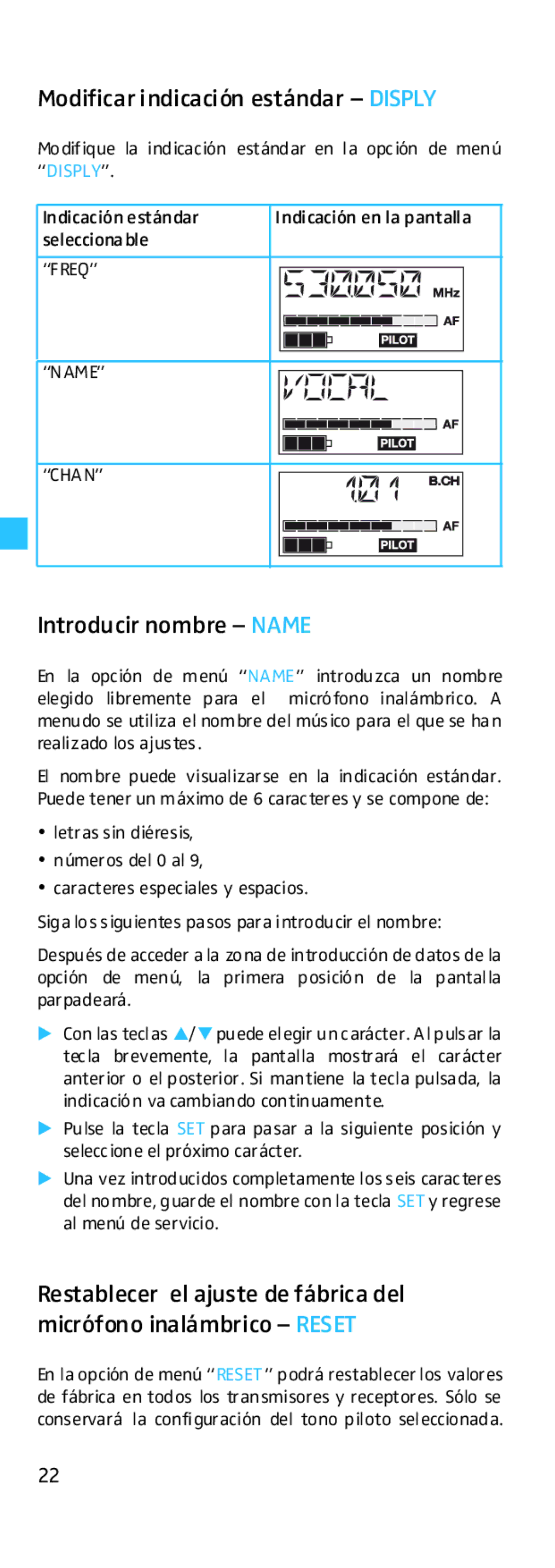 Sennheiser EK 500 manual Modificar indicación estándar Disply, Introducir nombre Name 