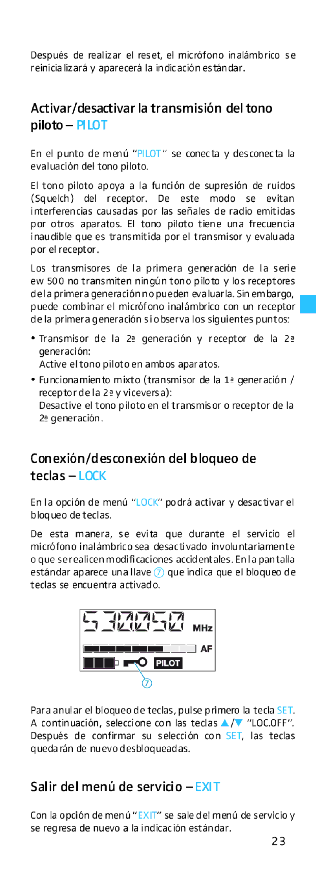 Sennheiser EK 500 manual Activar/desactivar la transmisión del tono piloto- Pilot, Salir del menú de servicio -EXIT 