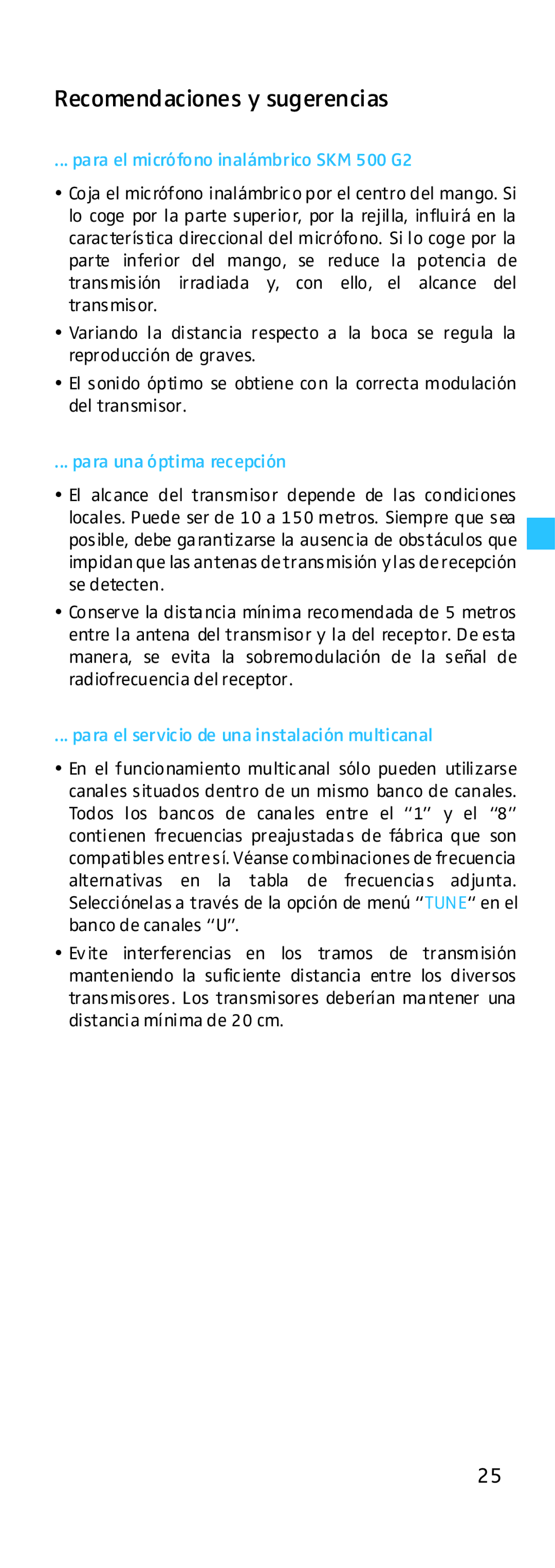 Sennheiser EK 500 manual Recomendaciones y sugerencias, Para el micrófono inalámbrico SKM 500 G2, Para una óptima recepción 