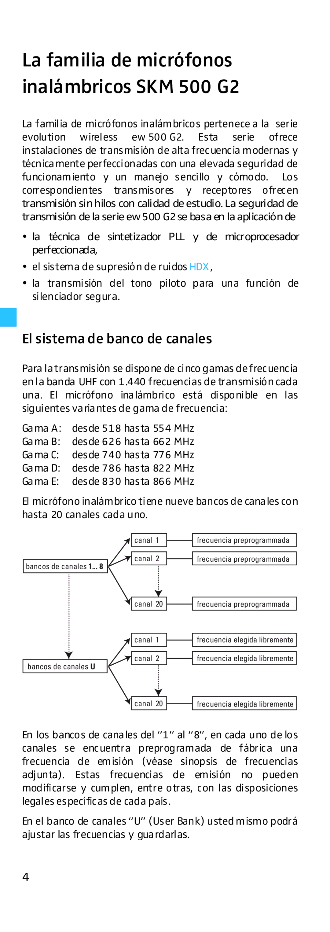 Sennheiser EK 500 manual La familia de micrófonos inalámbricos SKM 500 G2, El sistema de banco de canales 