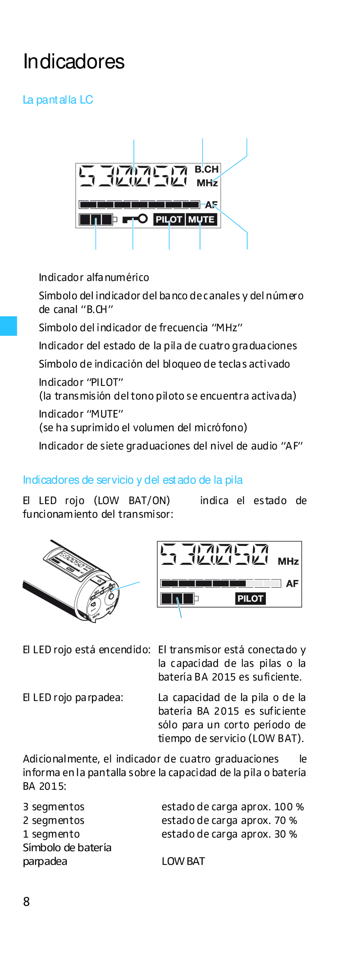 Sennheiser EK 500 manual La pantalla LC, Indicadores de servicio y del estado de la pila 