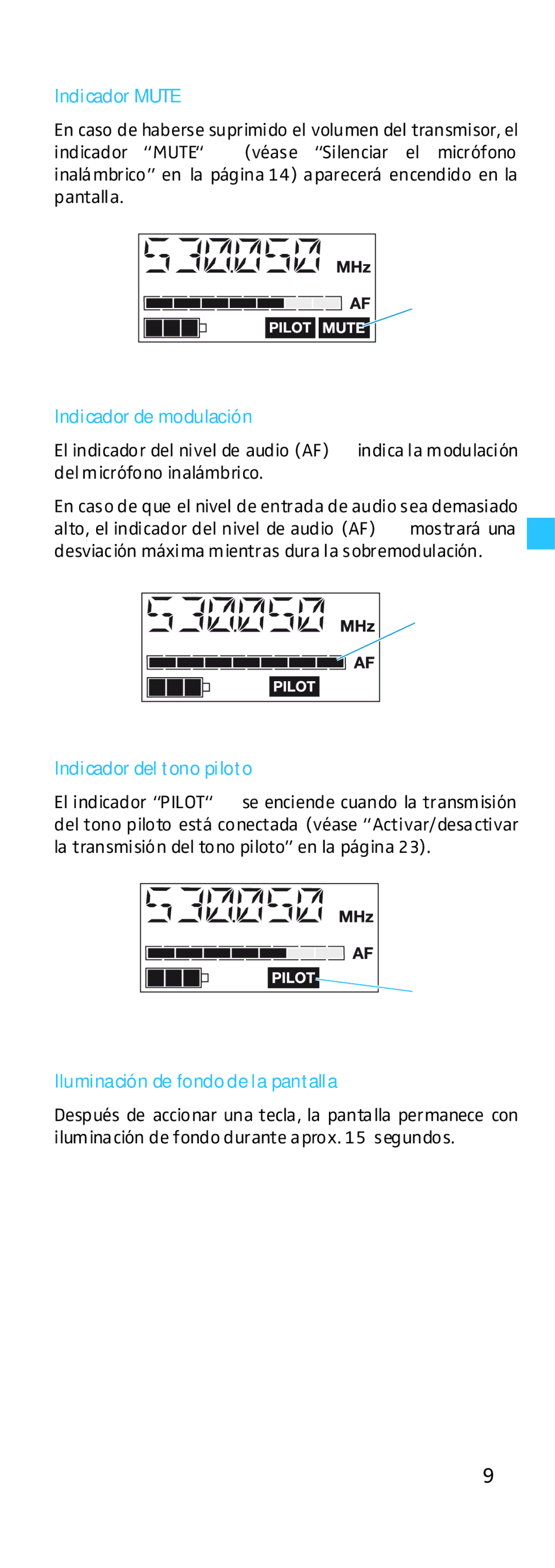 Sennheiser EK 500 Indicador Mute, Indicador de modulación, Indicador del tono piloto, Iluminación de fondo de la pantalla 