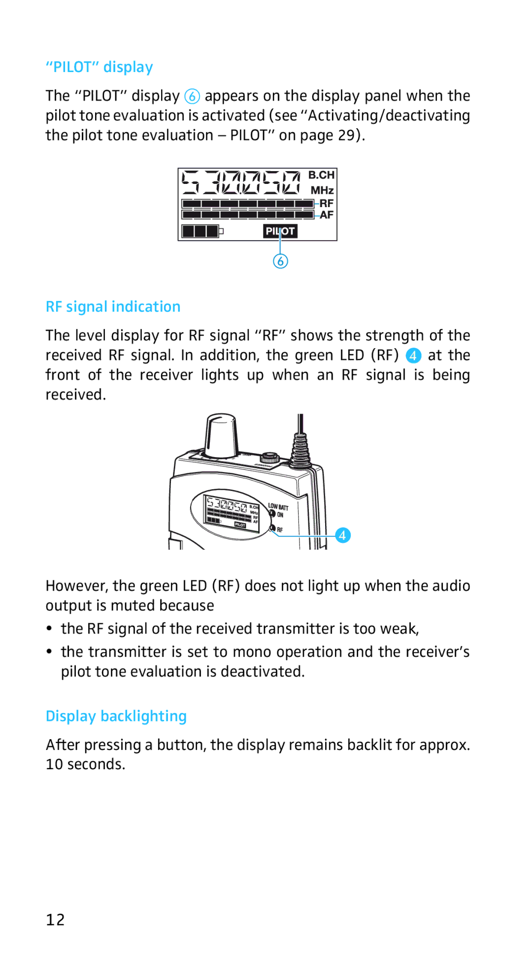 Sennheiser EK3253 manual Pilot display, RF signal indication, Display backlighting 