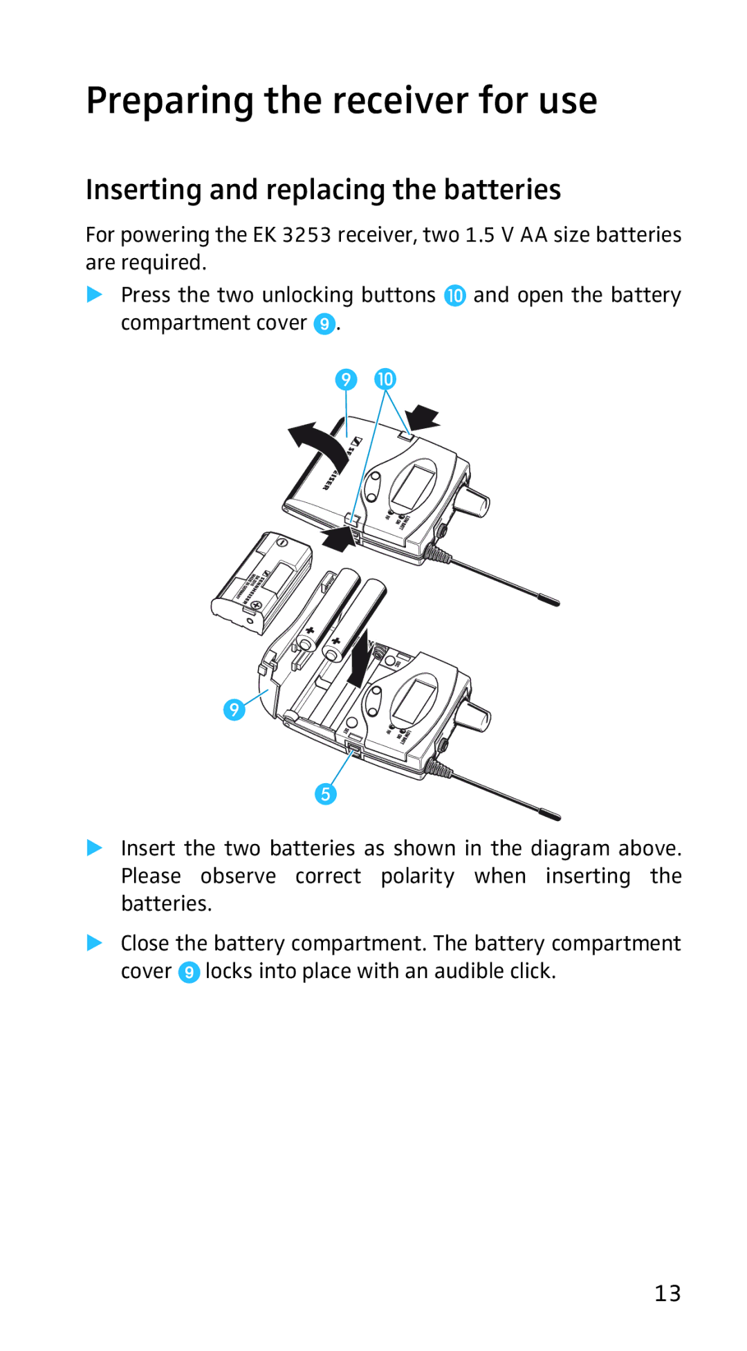 Sennheiser EK3253 manual Preparing the receiver for use, Inserting and replacing the batteries 