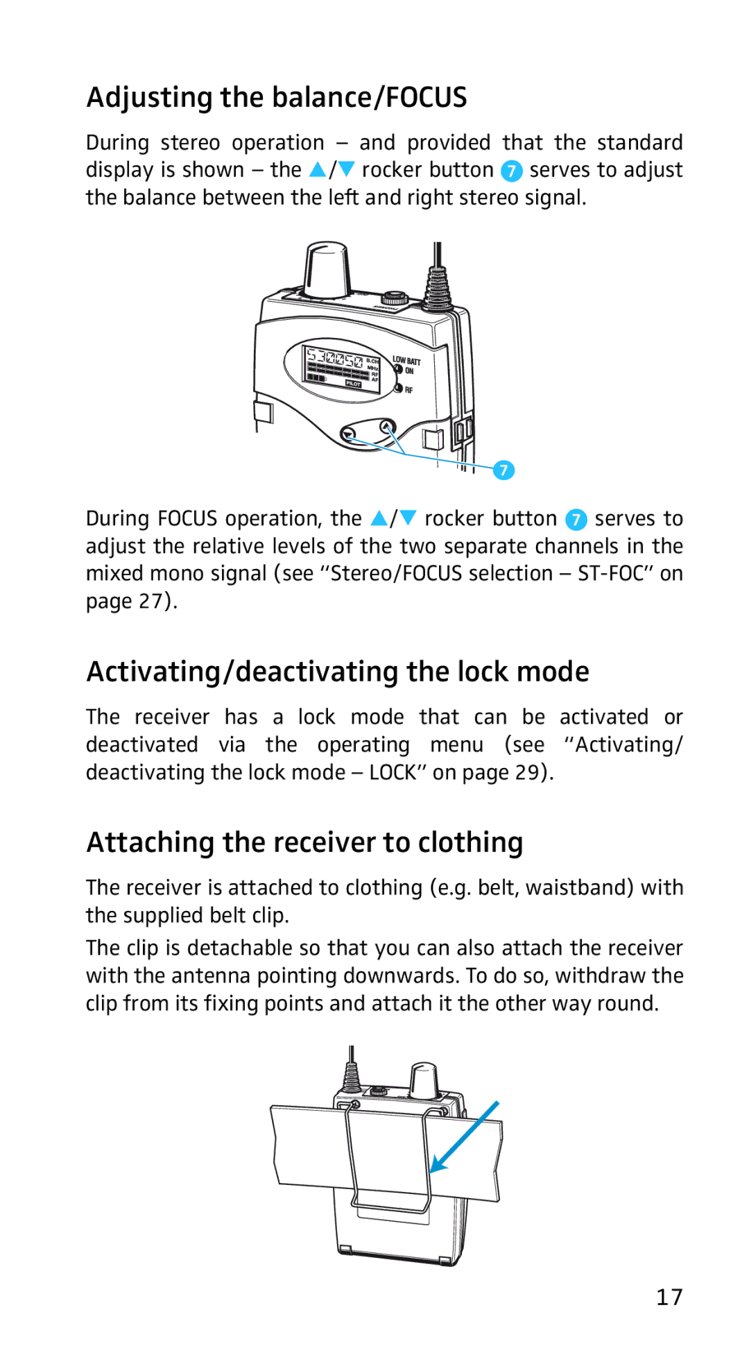 Sennheiser EK3253 Adjusting the balance/FOCUS, Activating/deactivating the lock mode, Attaching the receiver to clothing 