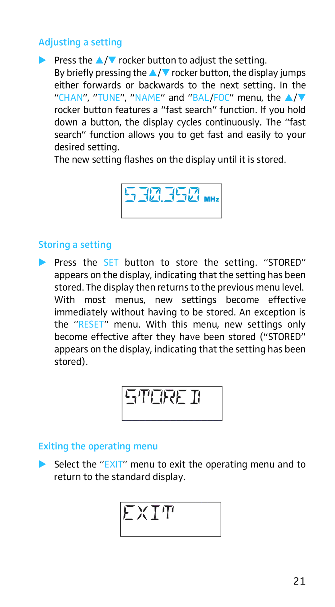 Sennheiser EK3253 manual Adjusting a setting, Storing a setting, Exiting the operating menu 