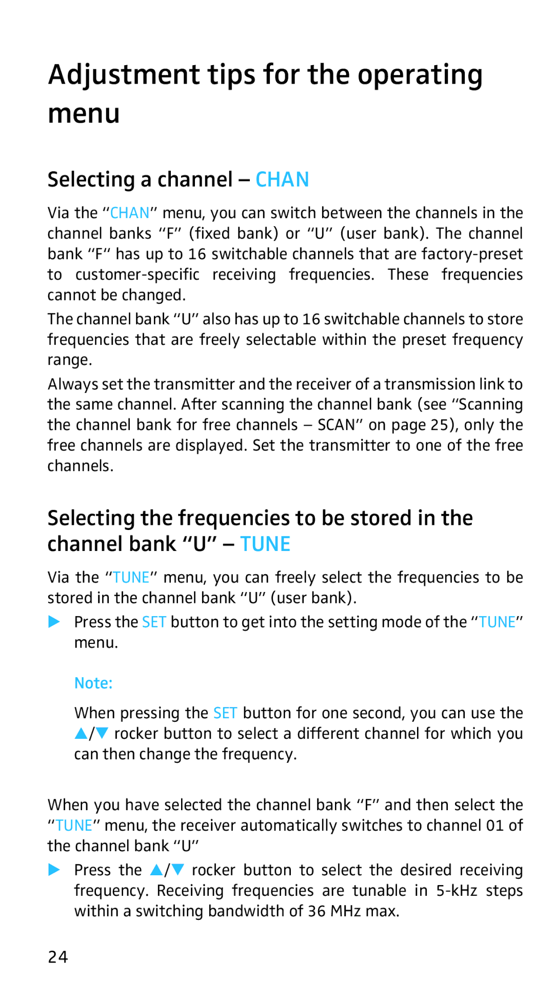 Sennheiser EK3253 manual Adjustment tips for the operating menu, Selecting a channel Chan 