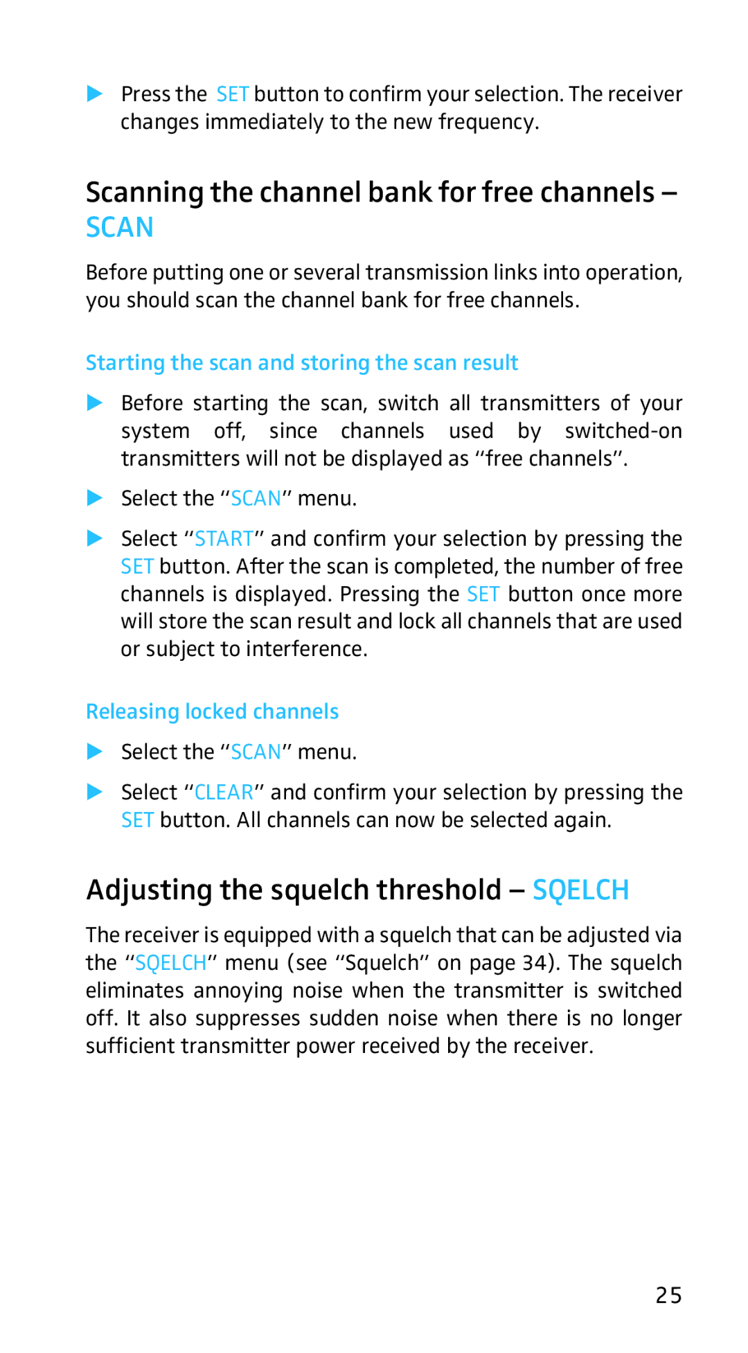 Sennheiser EK3253 manual Scanning the channel bank for free channels, Adjusting the squelch threshold Sqelch 