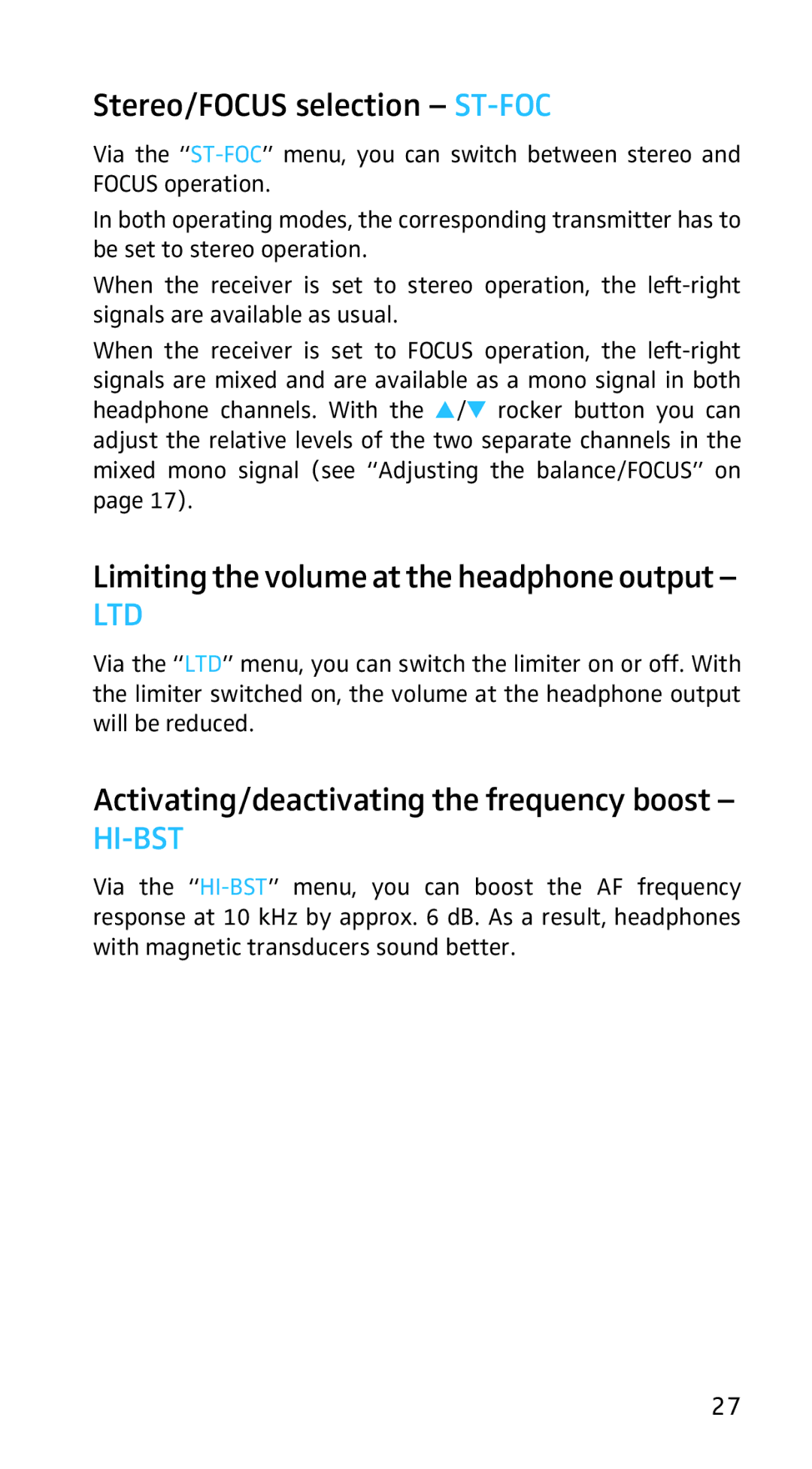 Sennheiser EK3253 manual Stereo/FOCUS selection ST-FOC, Hi-Bst 