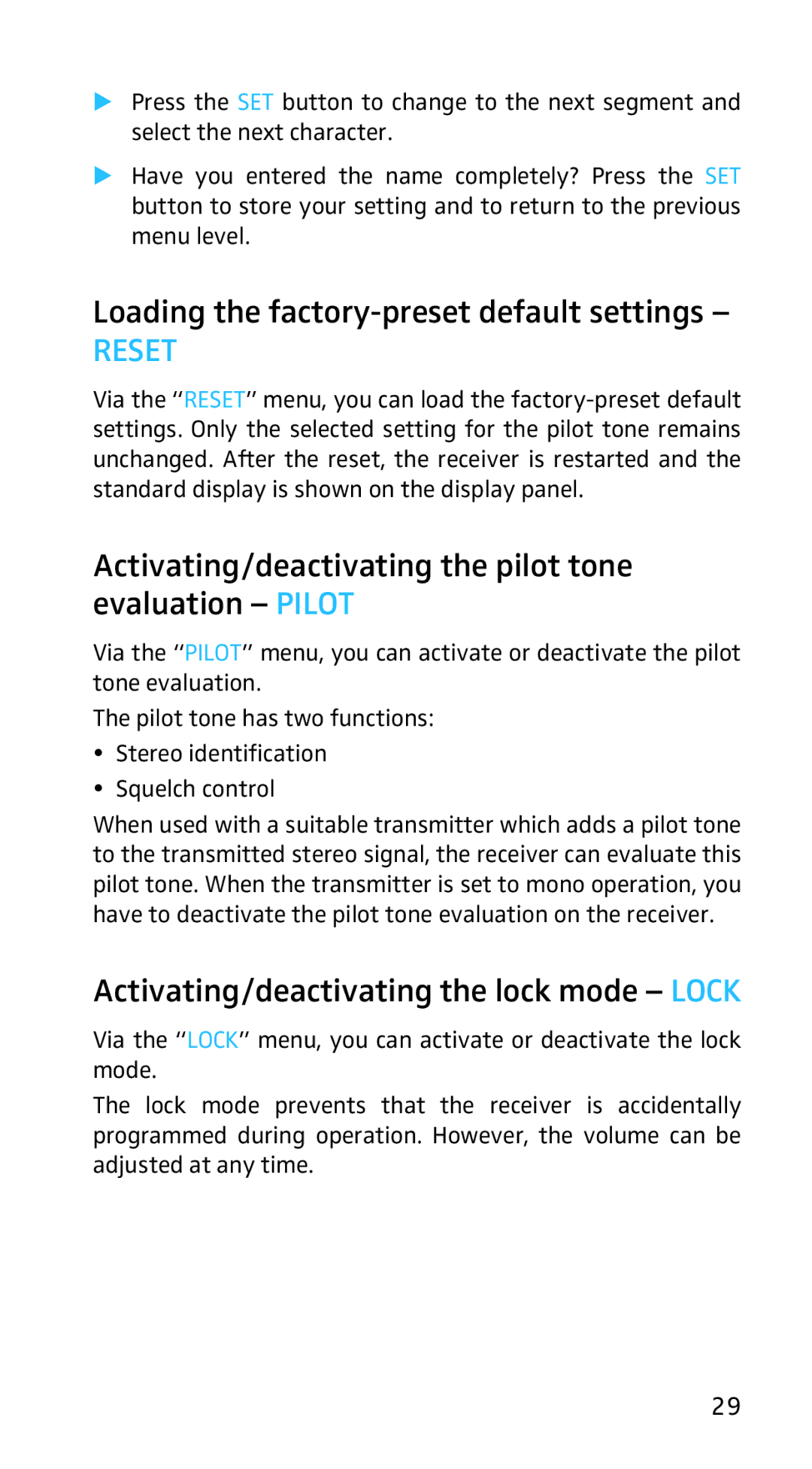 Sennheiser EK3253 Loading the factory-preset default settings, Activating/deactivating the pilot tone evaluation Pilot 