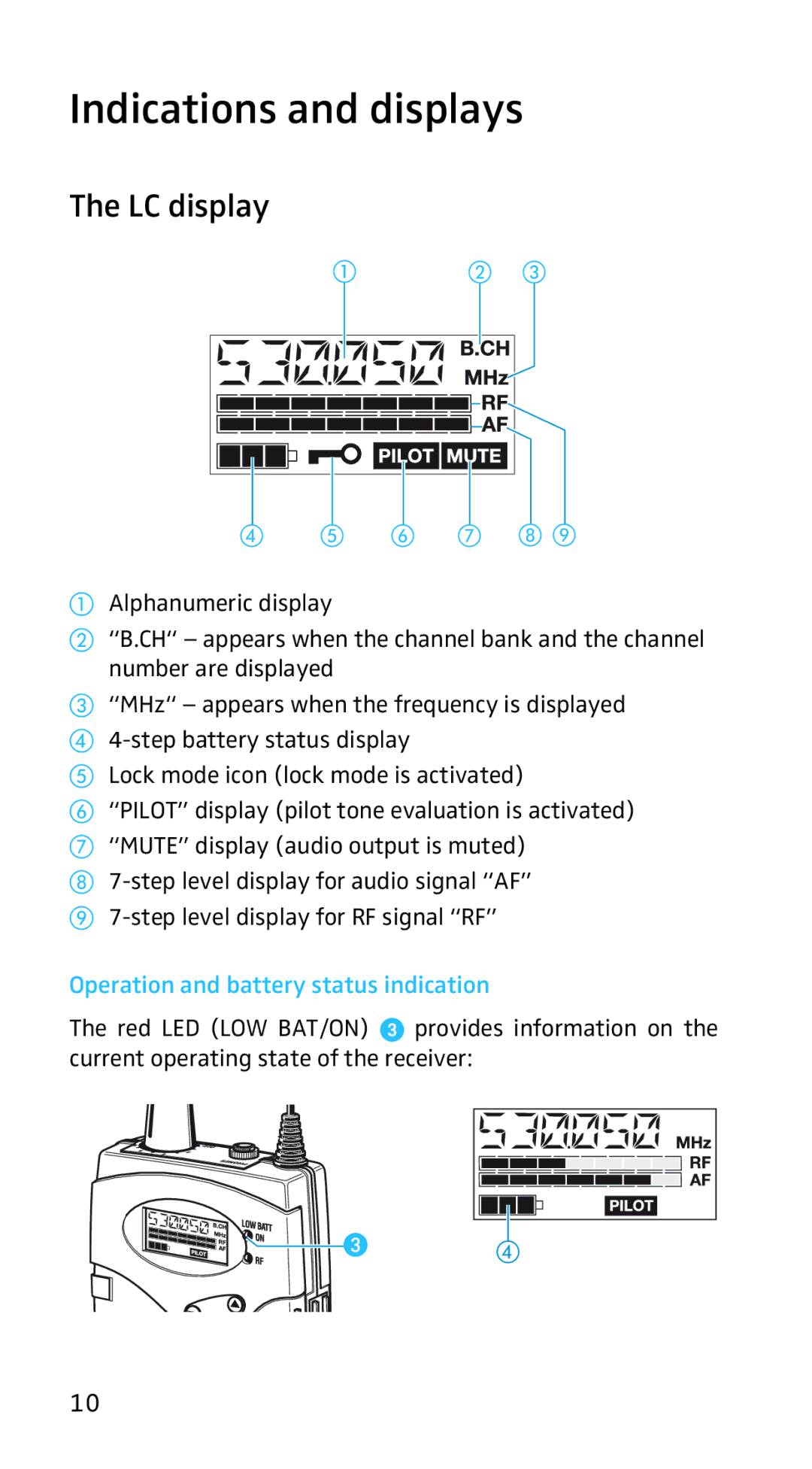 Sennheiser EK3253 manual Indications and displays, LC display, Operation and battery status indication 