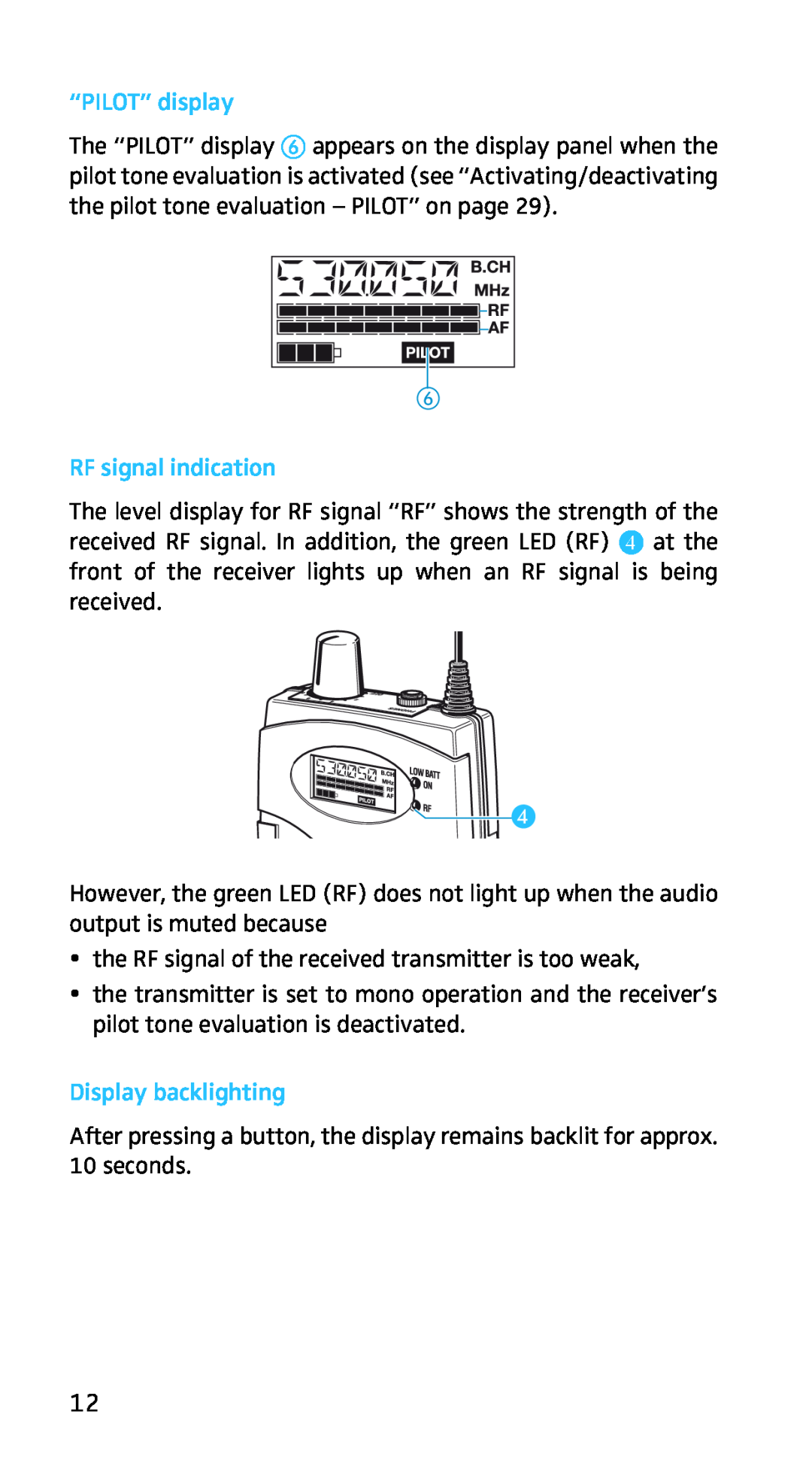 Sennheiser EK3253 manual “PILOT” display, RF signal indication, Display backlighting 