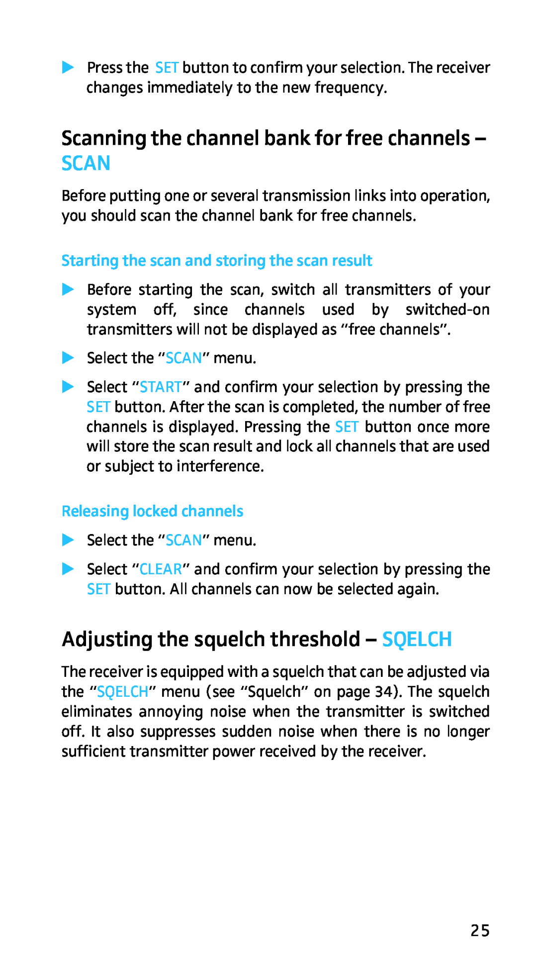 Sennheiser EK3253 manual Scanning the channel bank for free channels, Adjusting the squelch threshold - SQELCH 