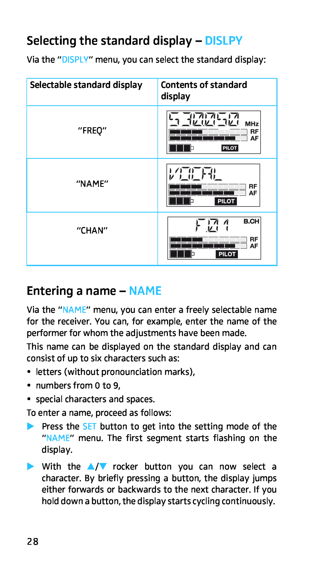 Sennheiser EK3253 manual Selecting the standard display - DISLPY, Entering a name - NAME 
