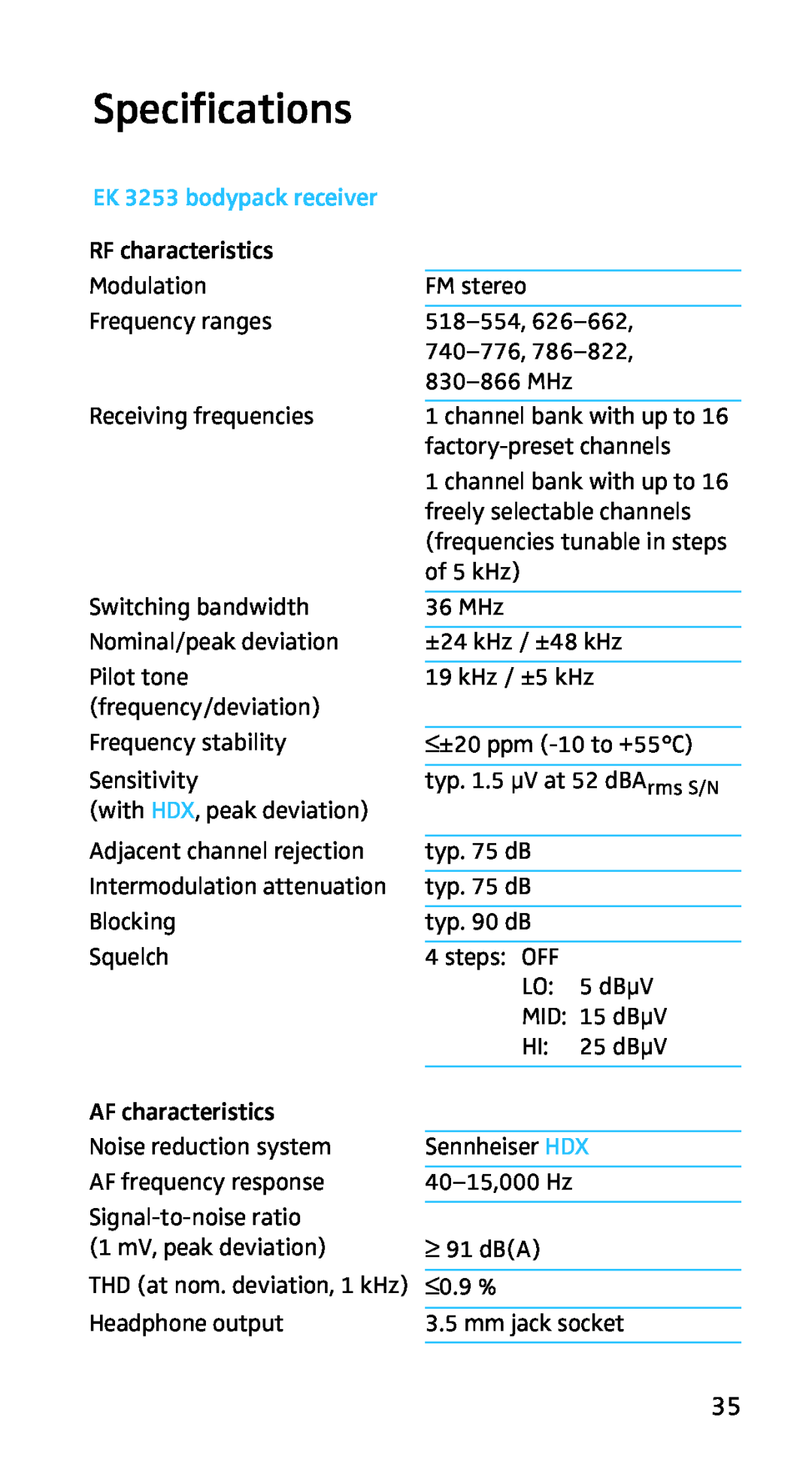 Sennheiser EK3253 manual Specifications, EK 3253 bodypack receiver 