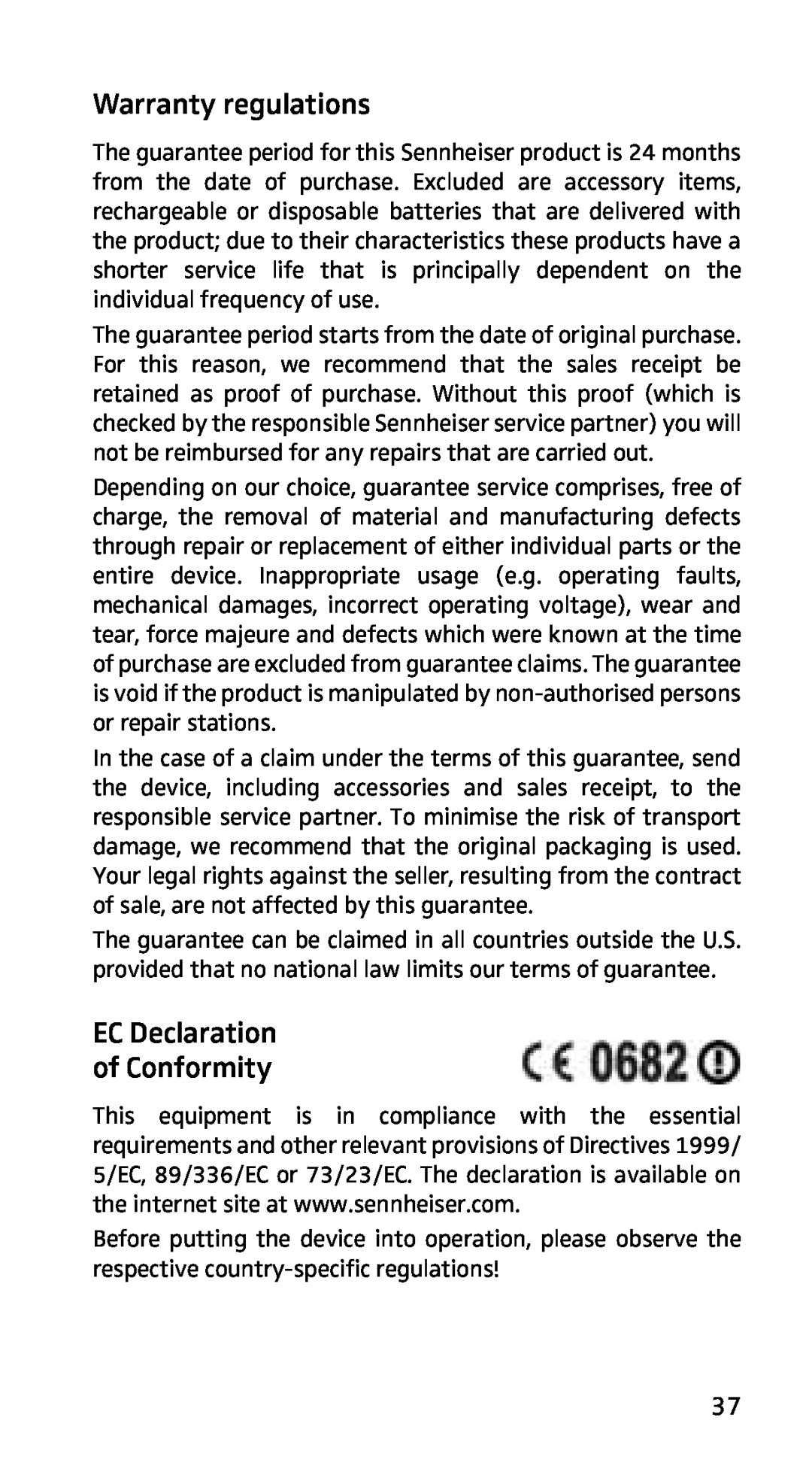 Sennheiser EK3253 manual Warranty regulations, EC Declaration of Conformity 